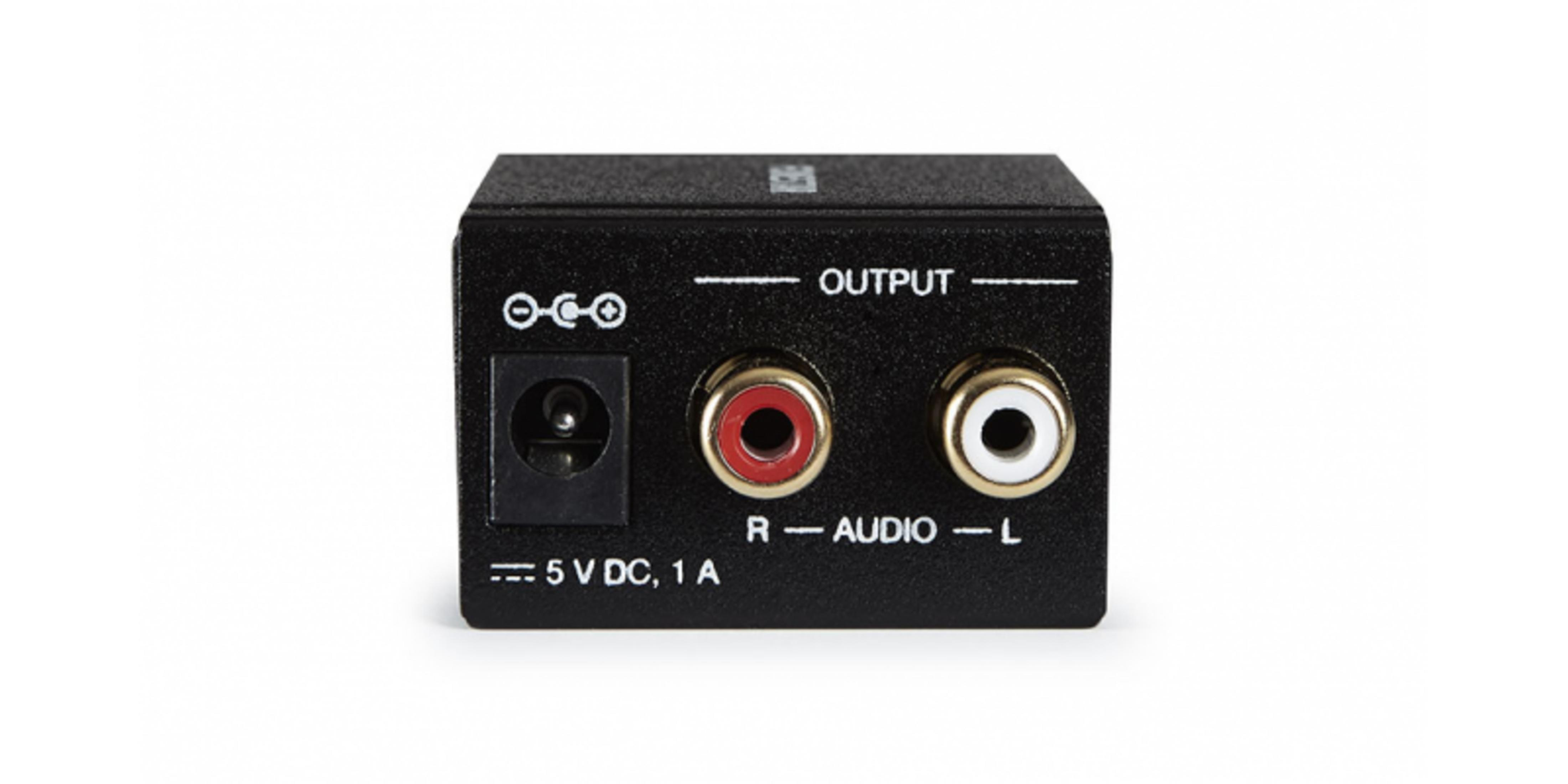 Schwarzer Adapter mit DC-Stromanschluss und roten/weißen Audioausgängen.