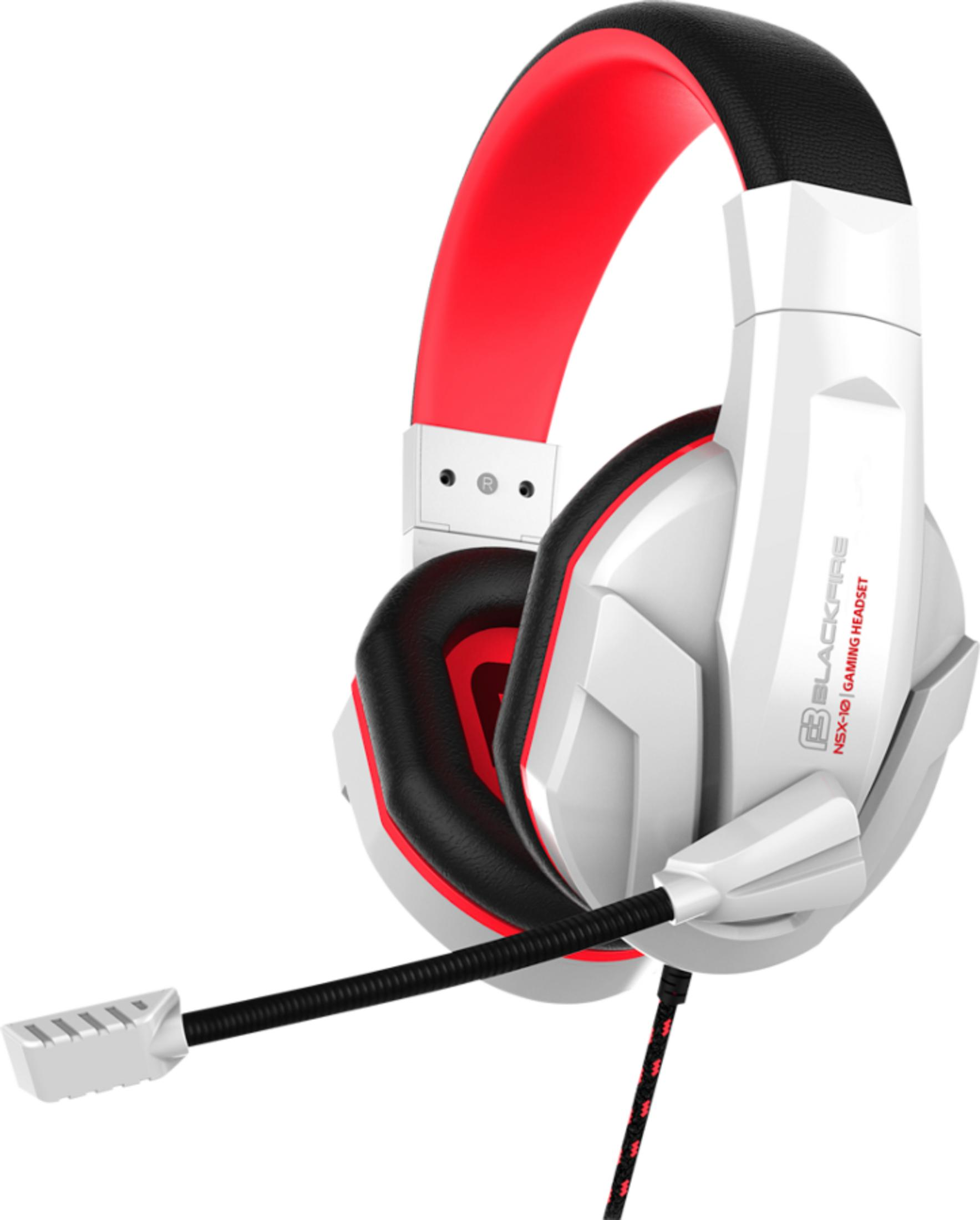 Un headset da gaming bianco con imbottitura rossa e microfono.