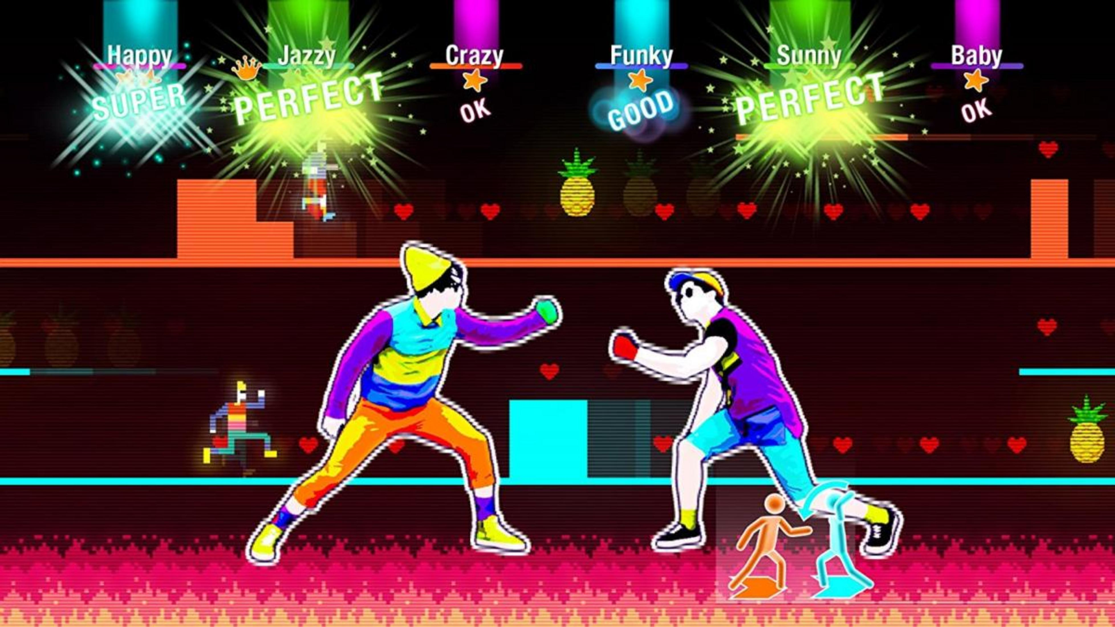 Juego de baile con dos figuras animadas en atuendos coloridos, fondo oscuro con motivos de corazón.