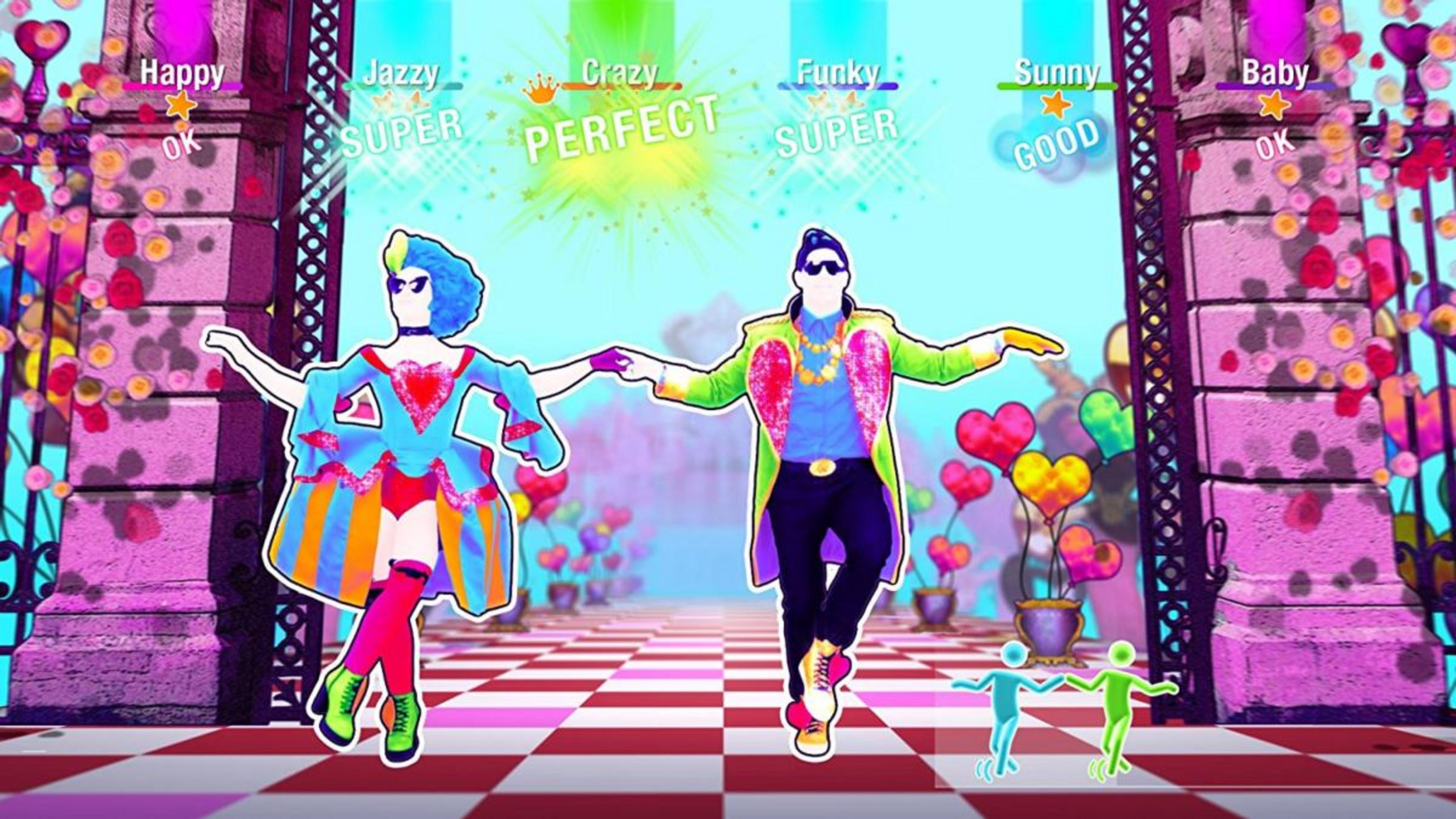 Dos bailarines con atuendos vibrantes bailan en un escenario a cuadros con globos de corazón.