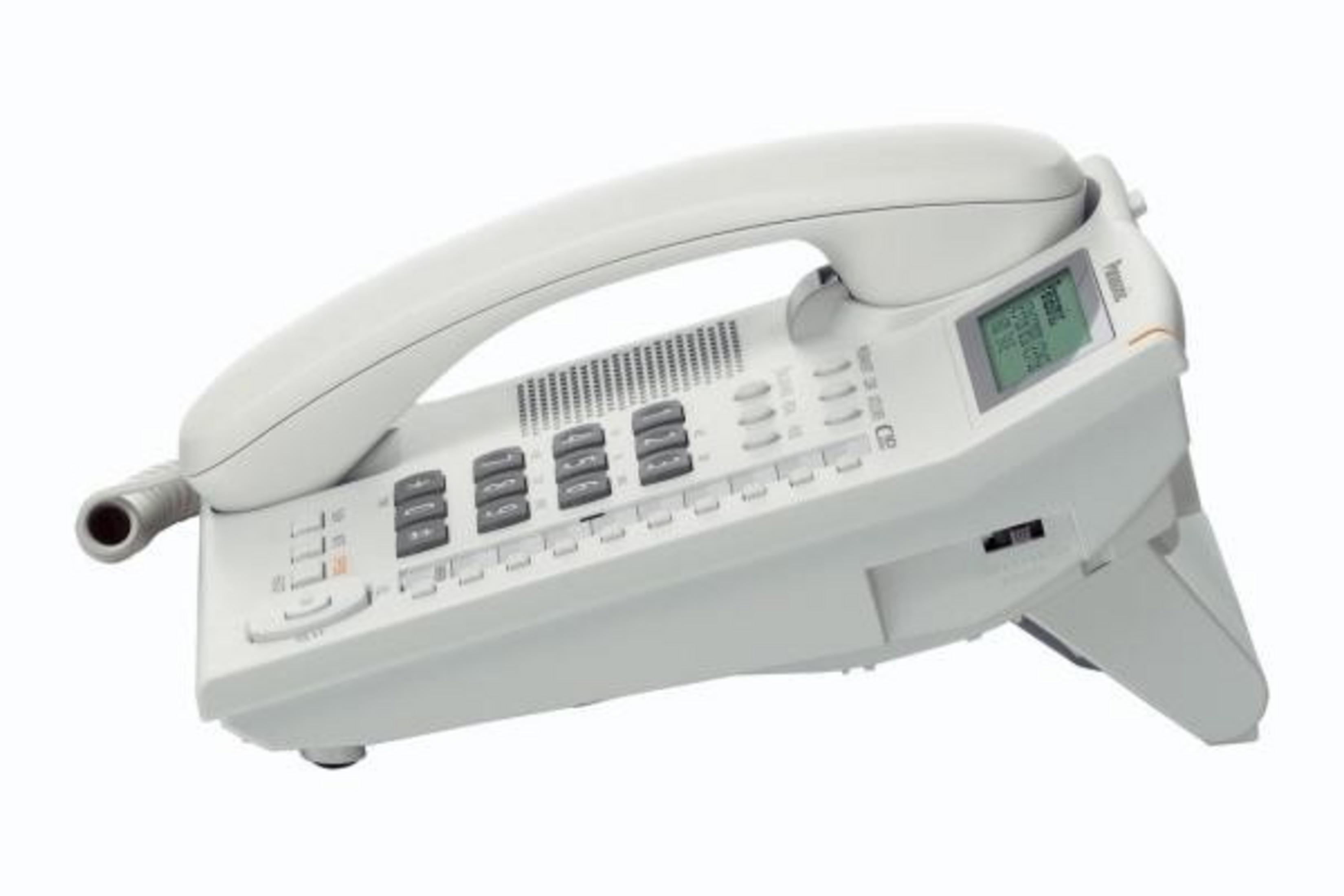 Un téléphone filaire blanc avec clavier et écran.