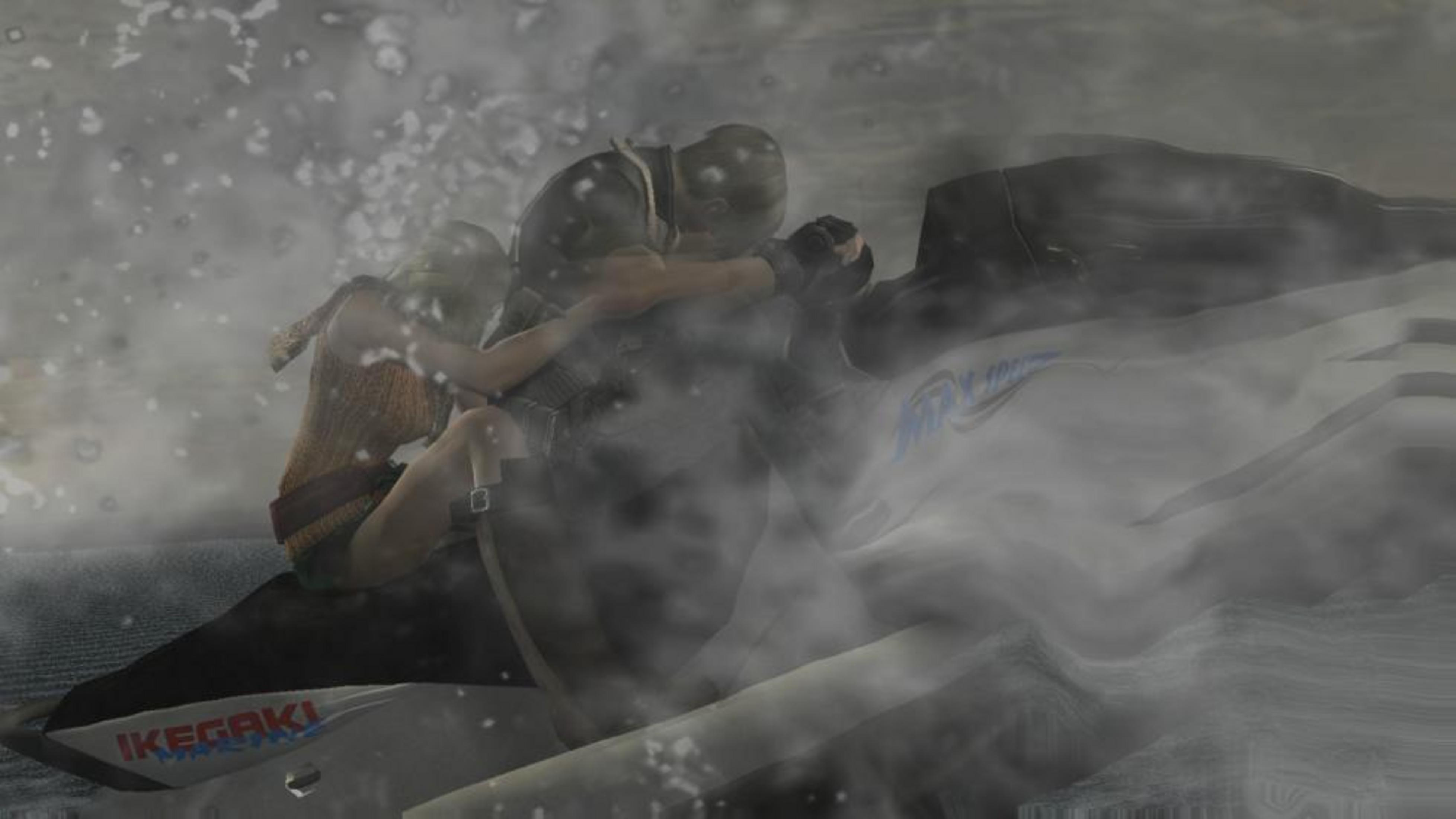 Due persone su un jet ski, circondate da spruzzi e nebbia.