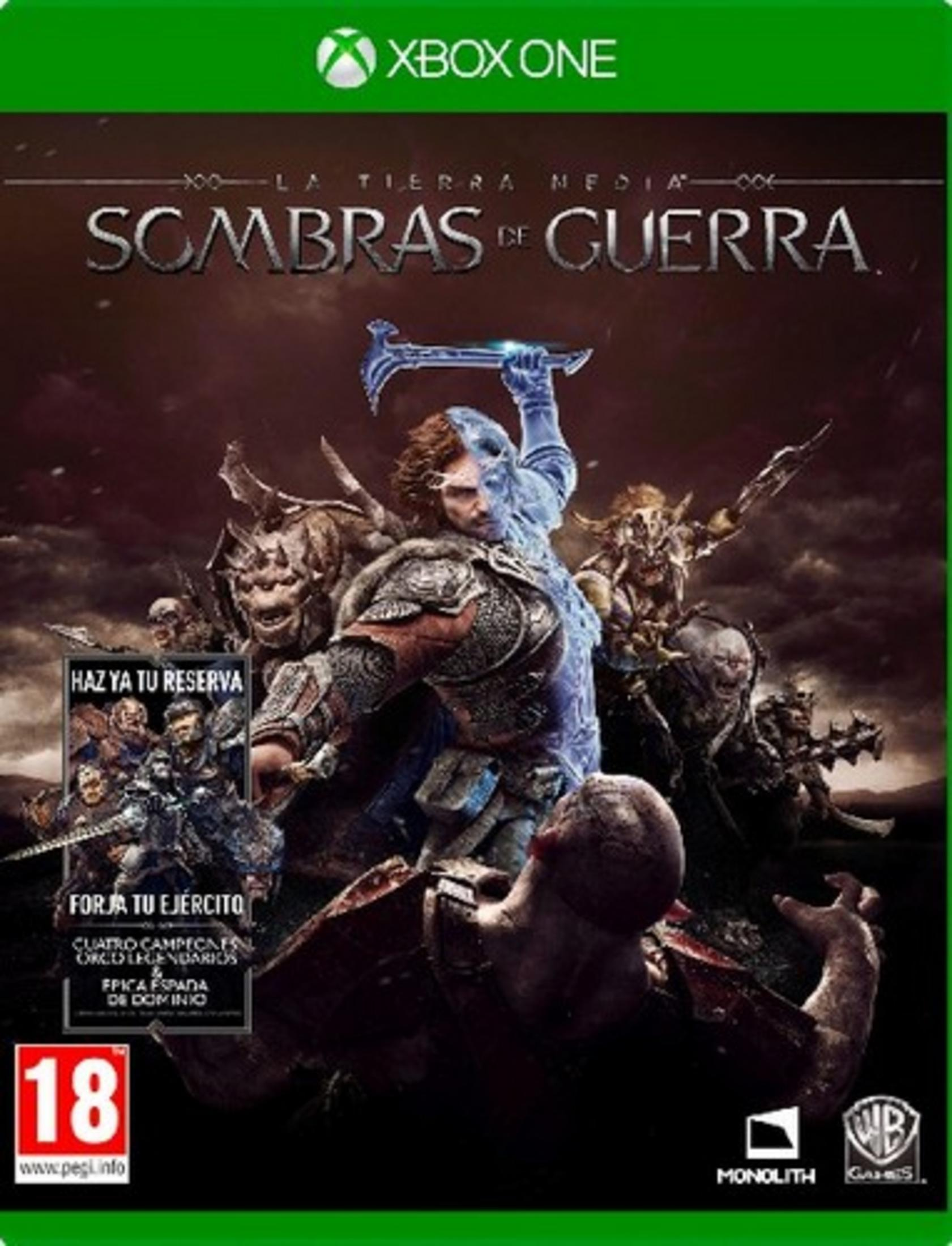 Portada de juego Xbox One: Hombre con armadura azul alza arma contra orcos.
