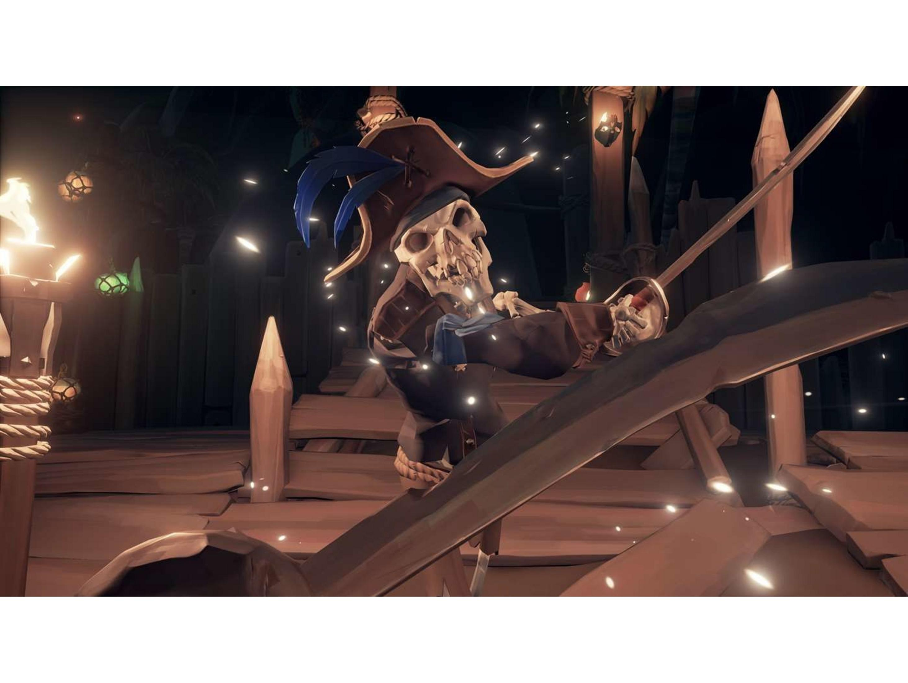 Pirata scheletro con spada su piattaforma in legno, illuminato da lanterne.