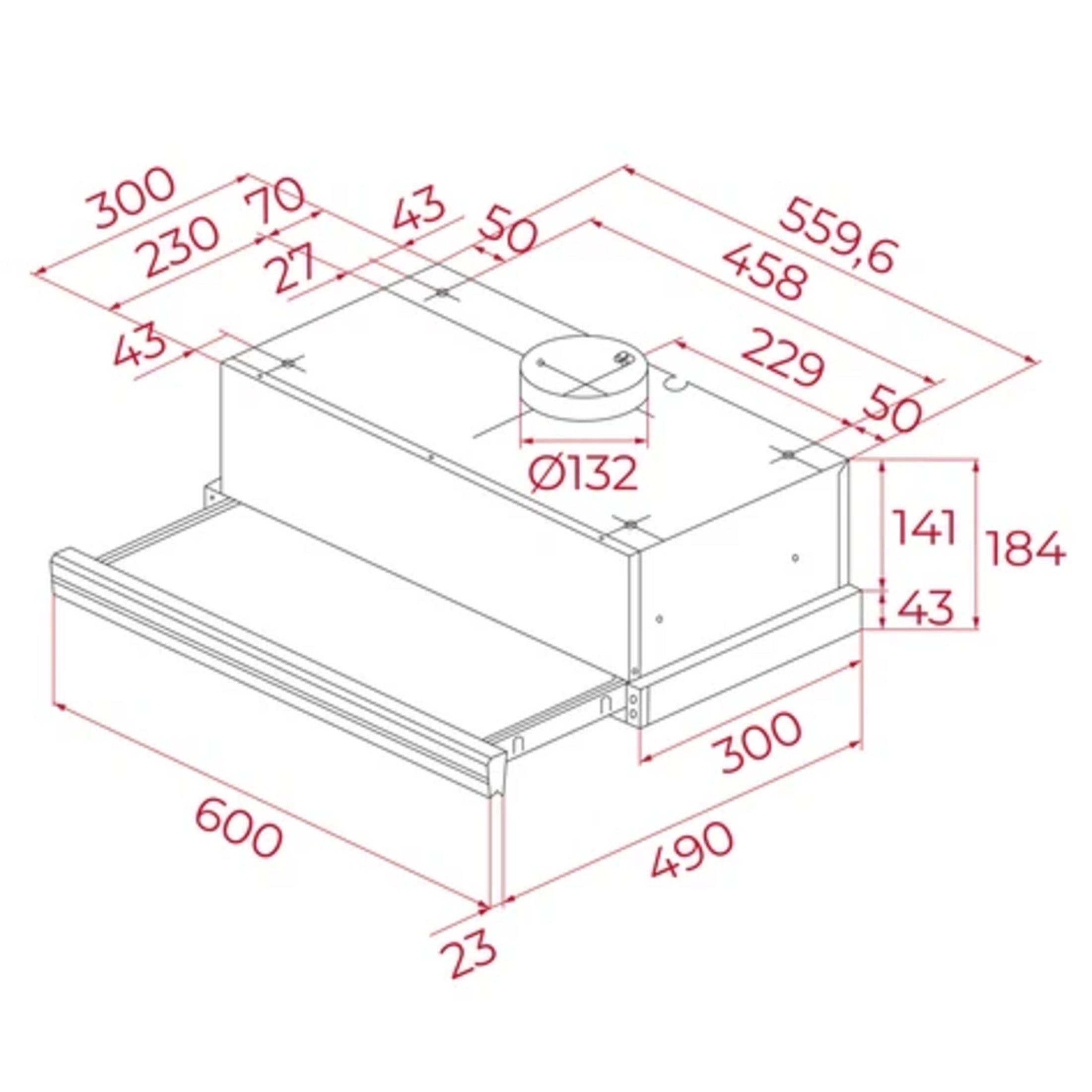 Disegno tecnico di una cappa da cucina con dimensioni.