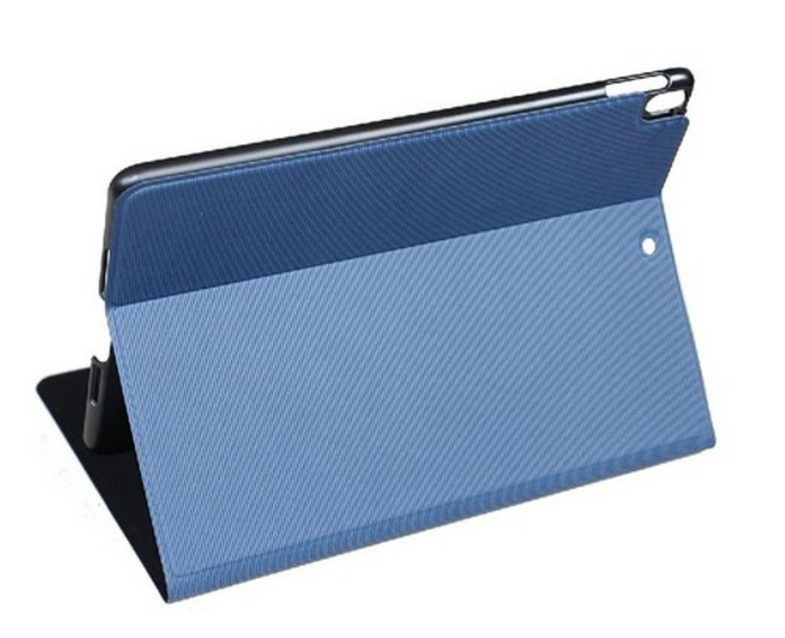 Una tableta azul con soporte en modo horizontal sobre fondo blanco.
