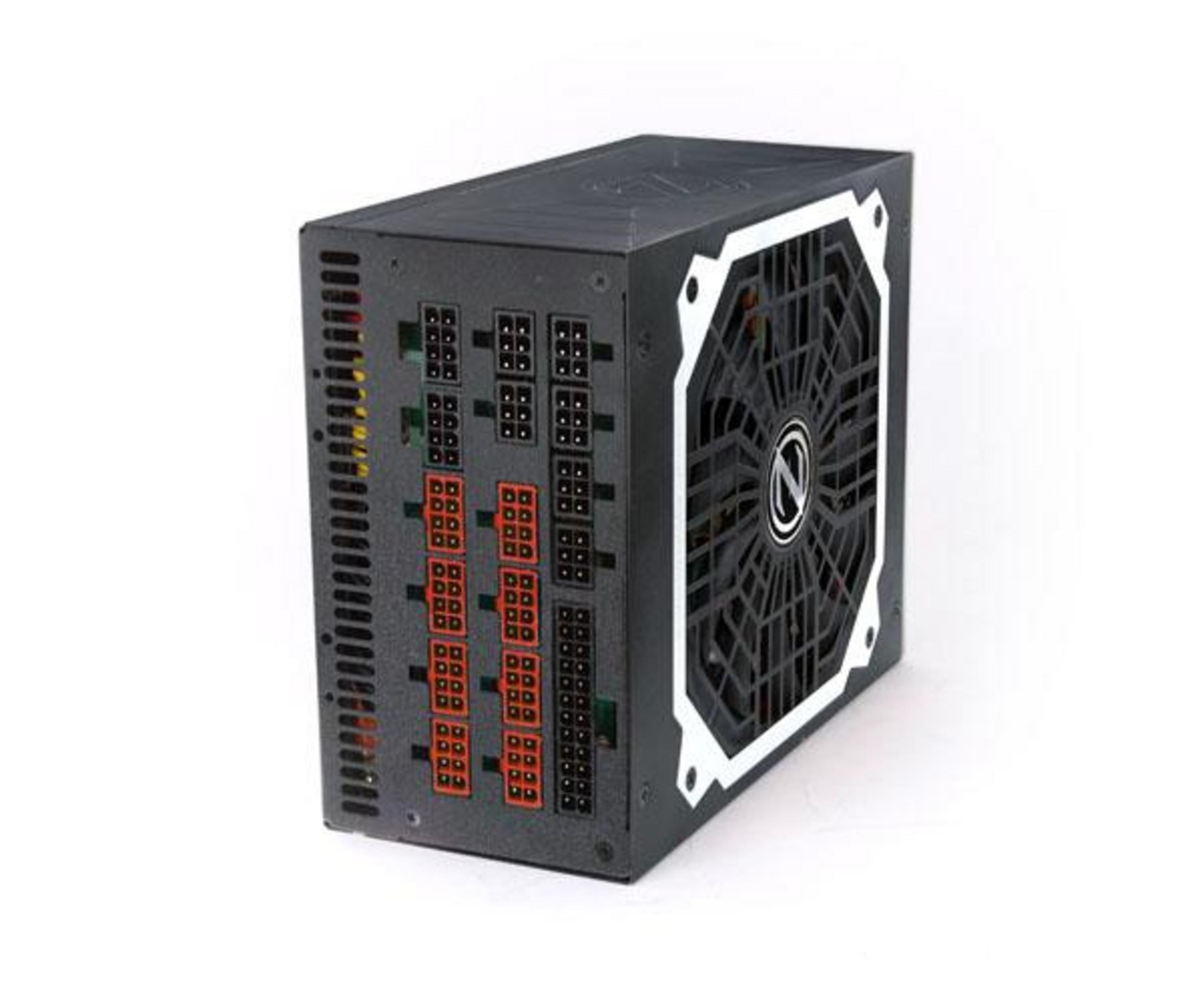 Black computer power supply unit with modular connectors on the side and a fan on the front.