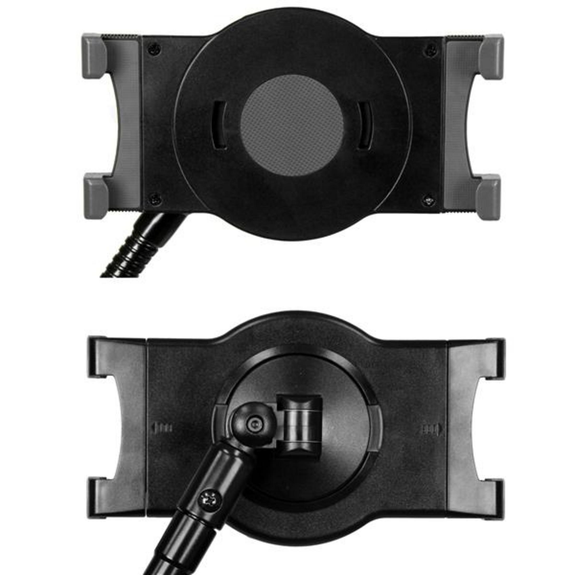 Schwarzer Tablethalter mit verstellbarem Arm, von oben und Seite gezeigt.