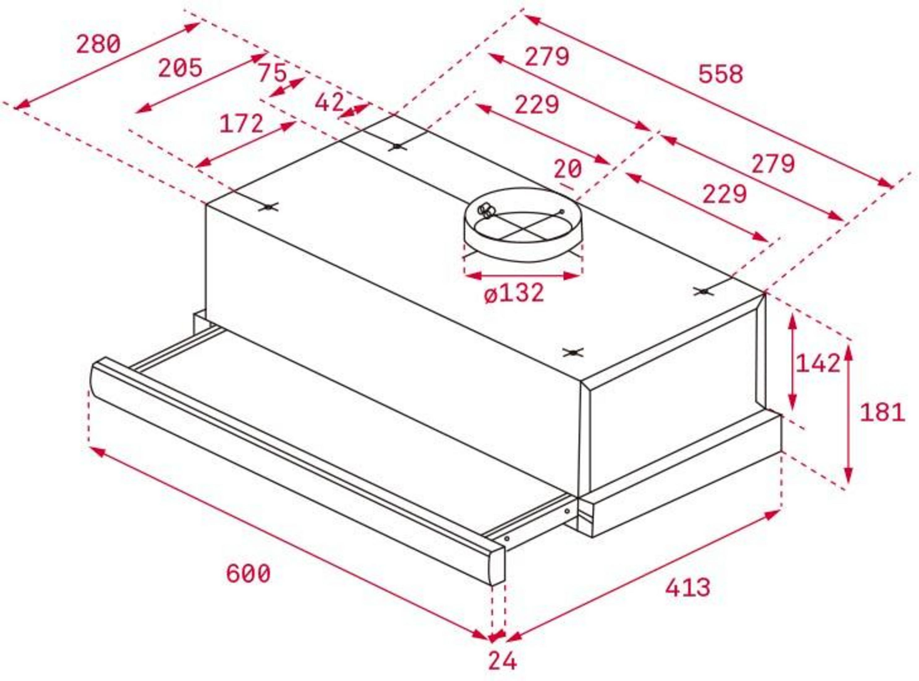 Disegno tecnico di una cappa da cucina con dimensioni.