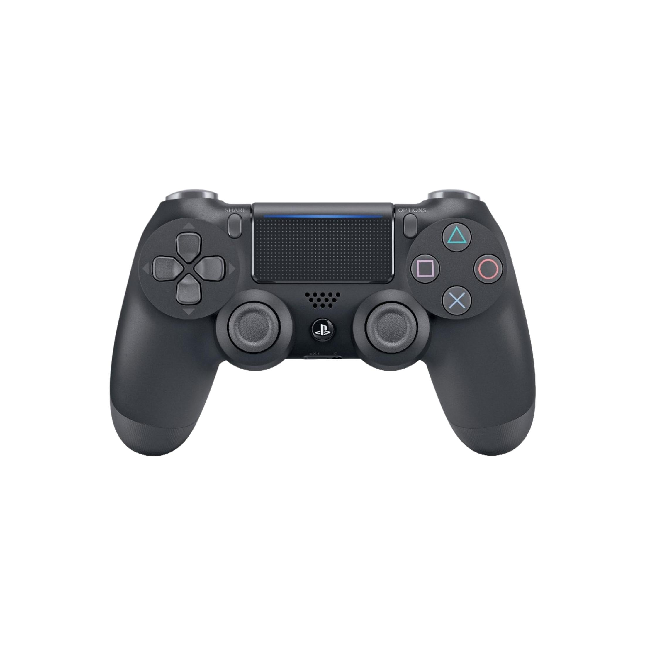 Un controller nero PlayStation 4 con due joystick, un d-pad e pulsanti.