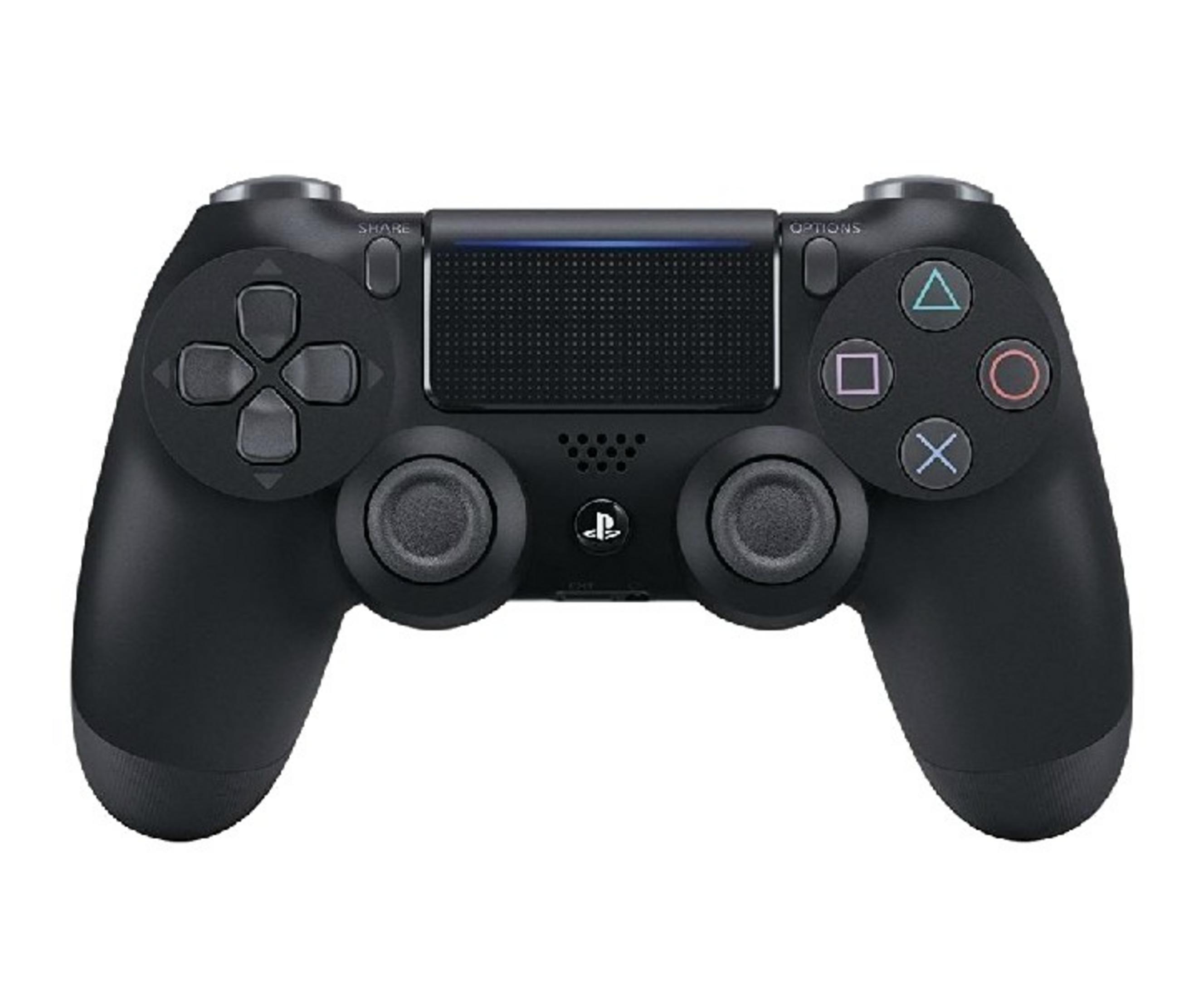 Controller nero PlayStation 4 con due levette analogiche e pulsanti.