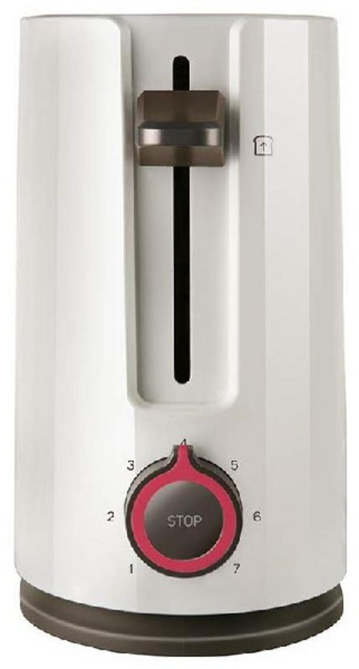 Una tostadora blanca con panel de control y dial marrones.