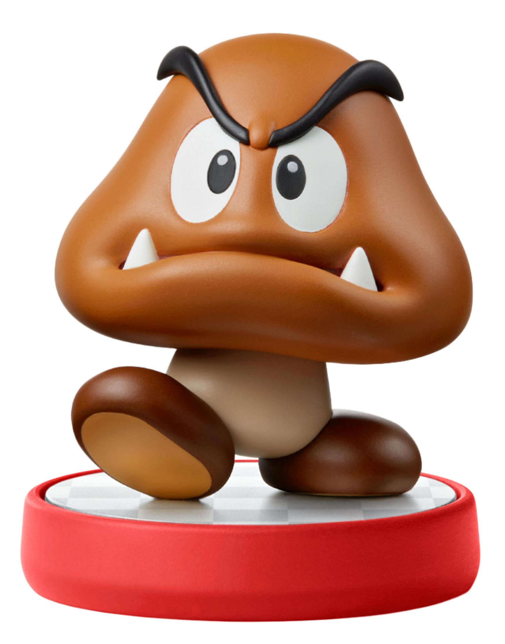 Une figurine Goomba marron à l'expression fâchée sur une base rouge.