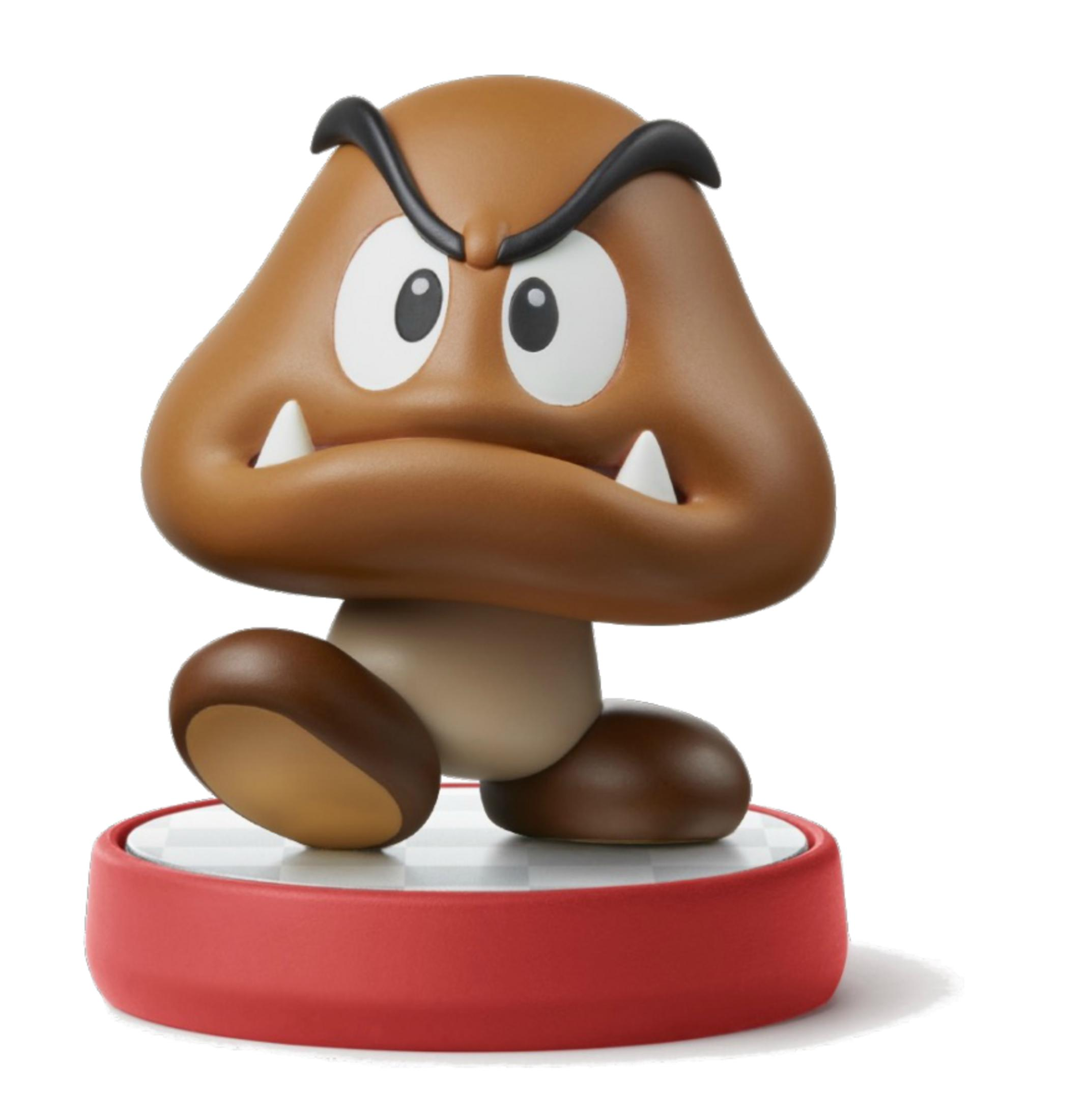Une figurine Goomba marron à l'air fâché sur un socle rouge.