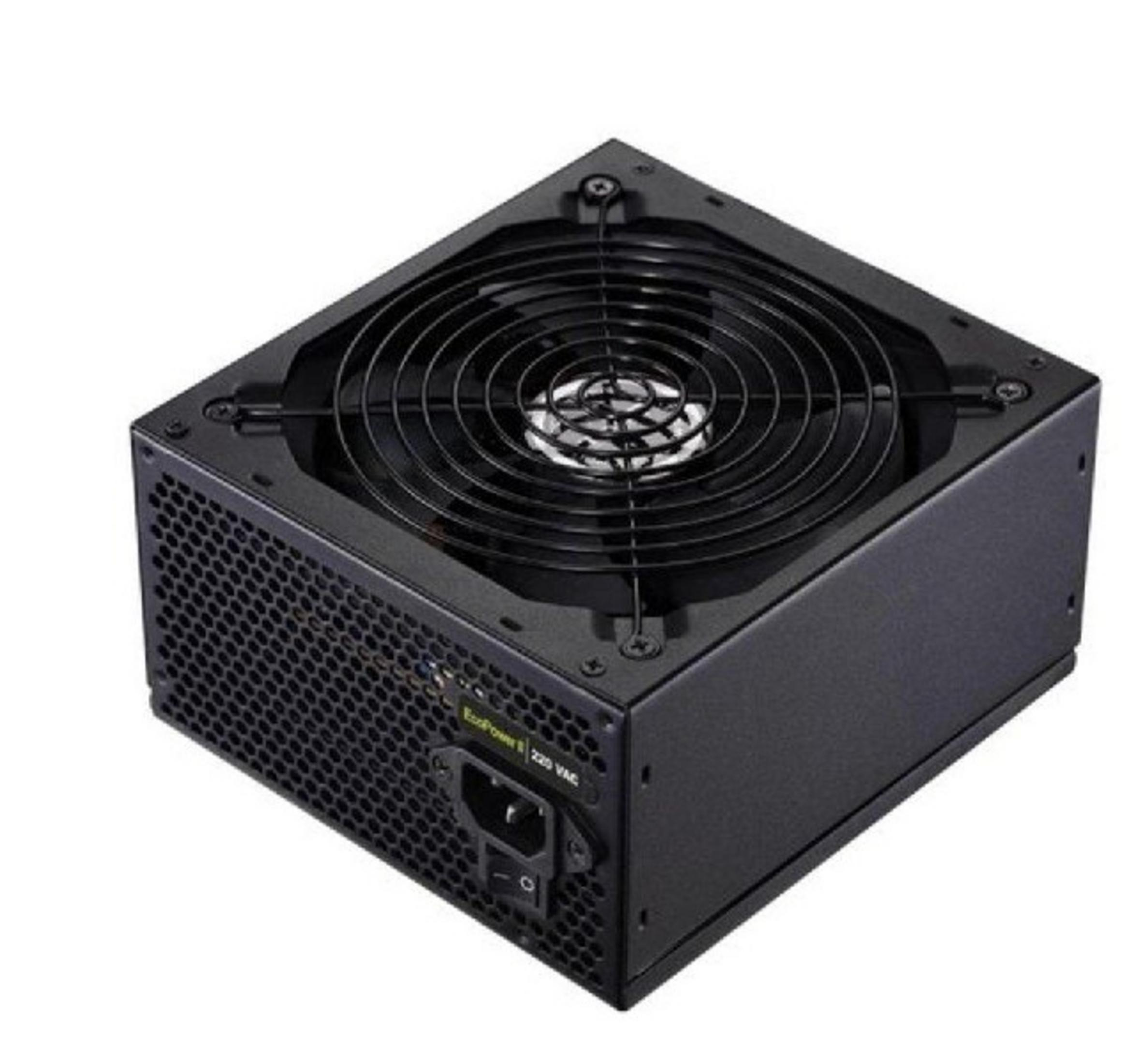 Alimentatore nero con griglia ventola e interruttore.