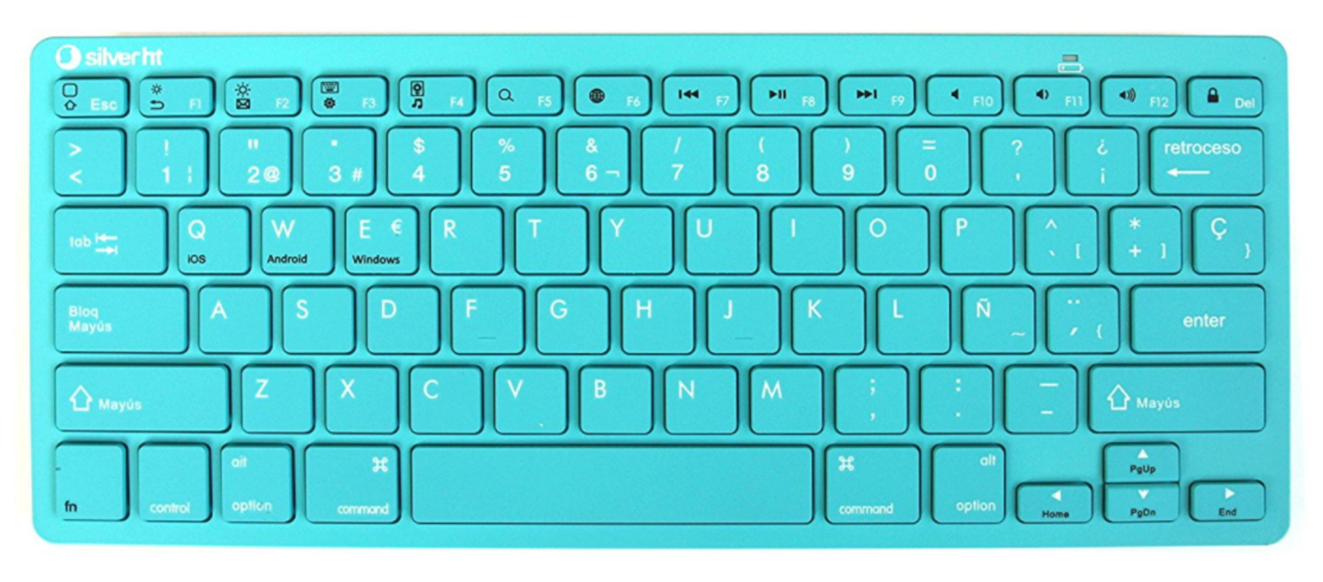 Un teclado turquesa con distribución QWERTZ y iconos para diferentes sistemas operativos.