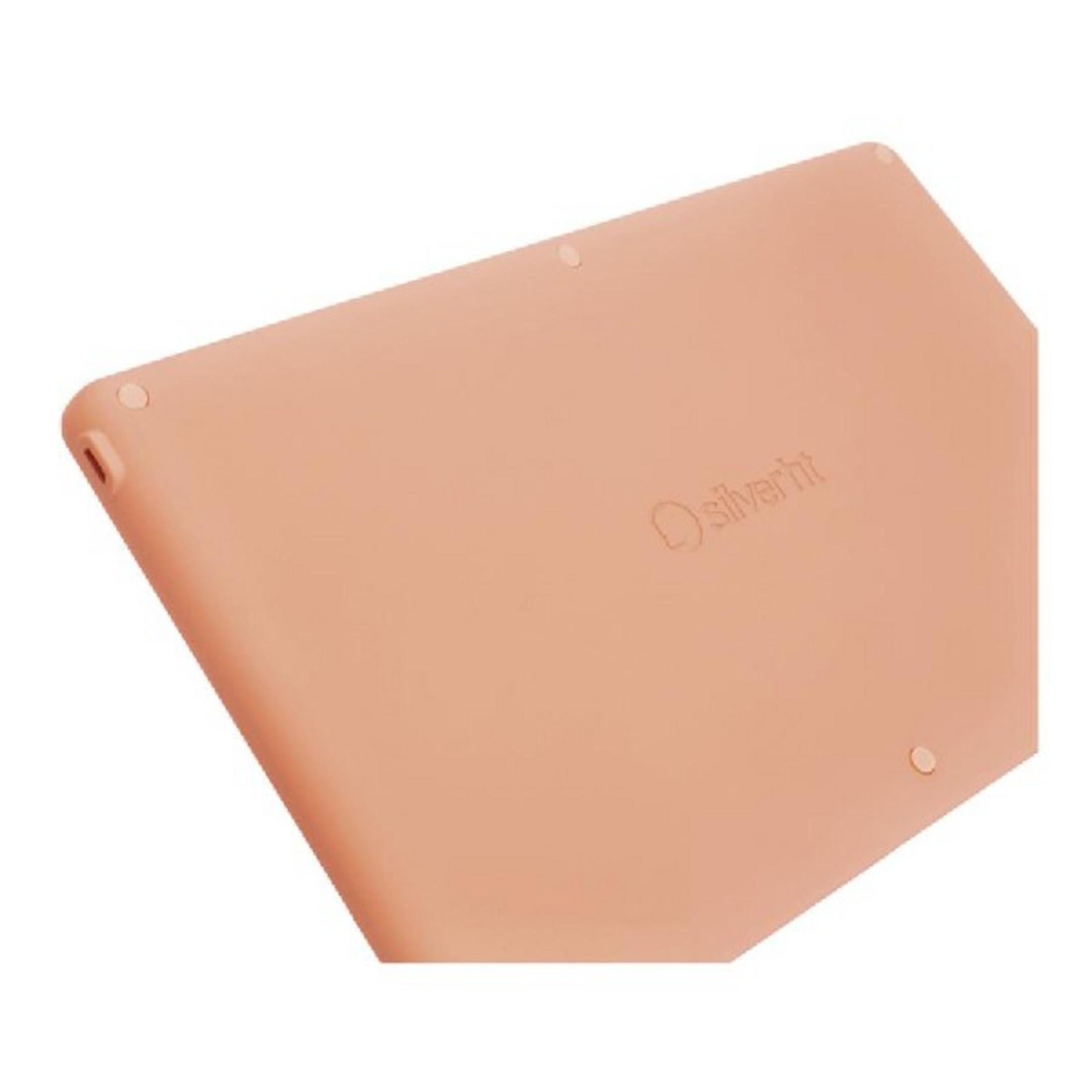Retro di un laptop color pesca con logo.