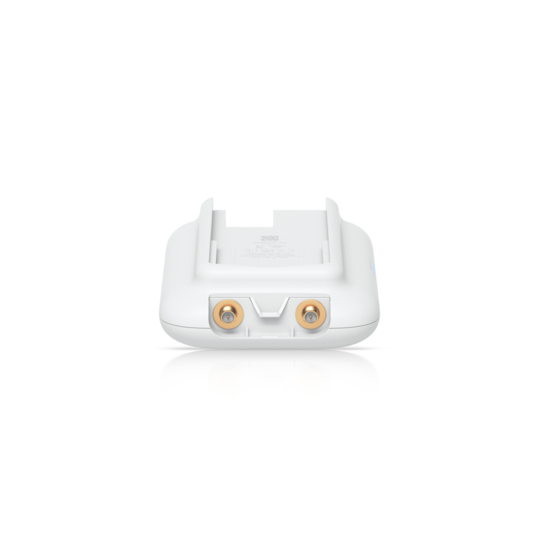A white device featuring two gold connectors and a mounting bracket.