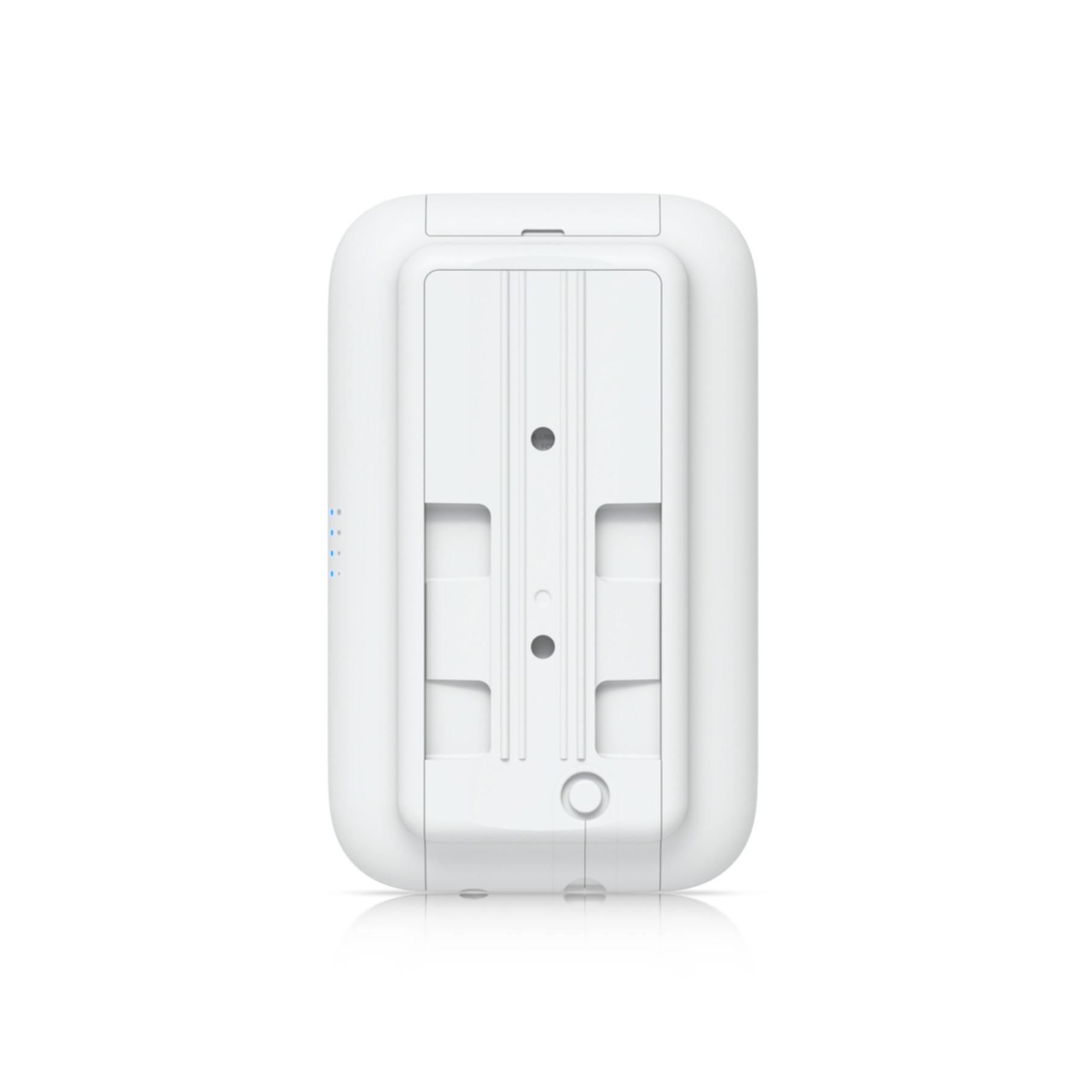 A white device with a mounting area and blue indicator lights.