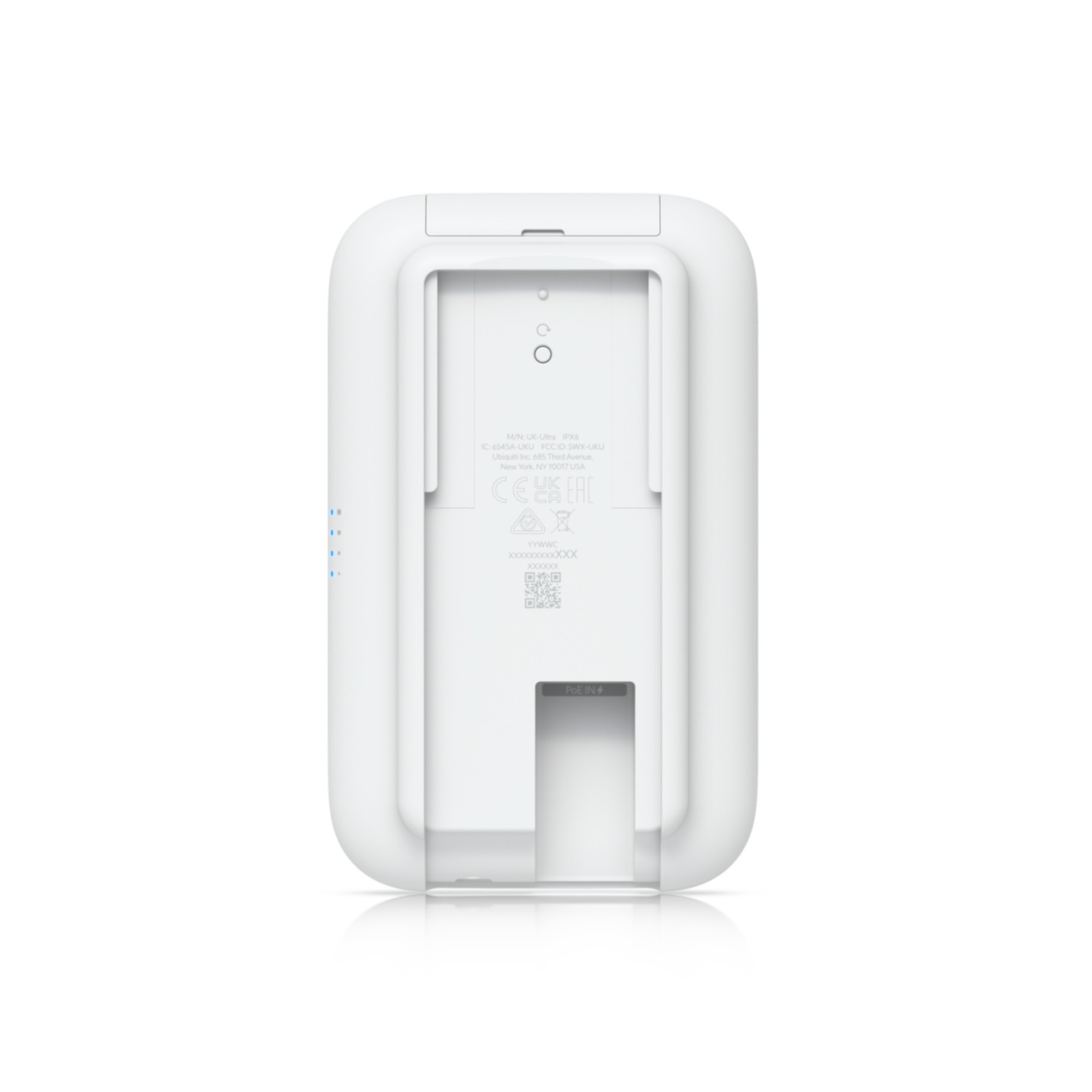 Back view of a white Ubiquiti UK-Ultra IPX6 device with labels.