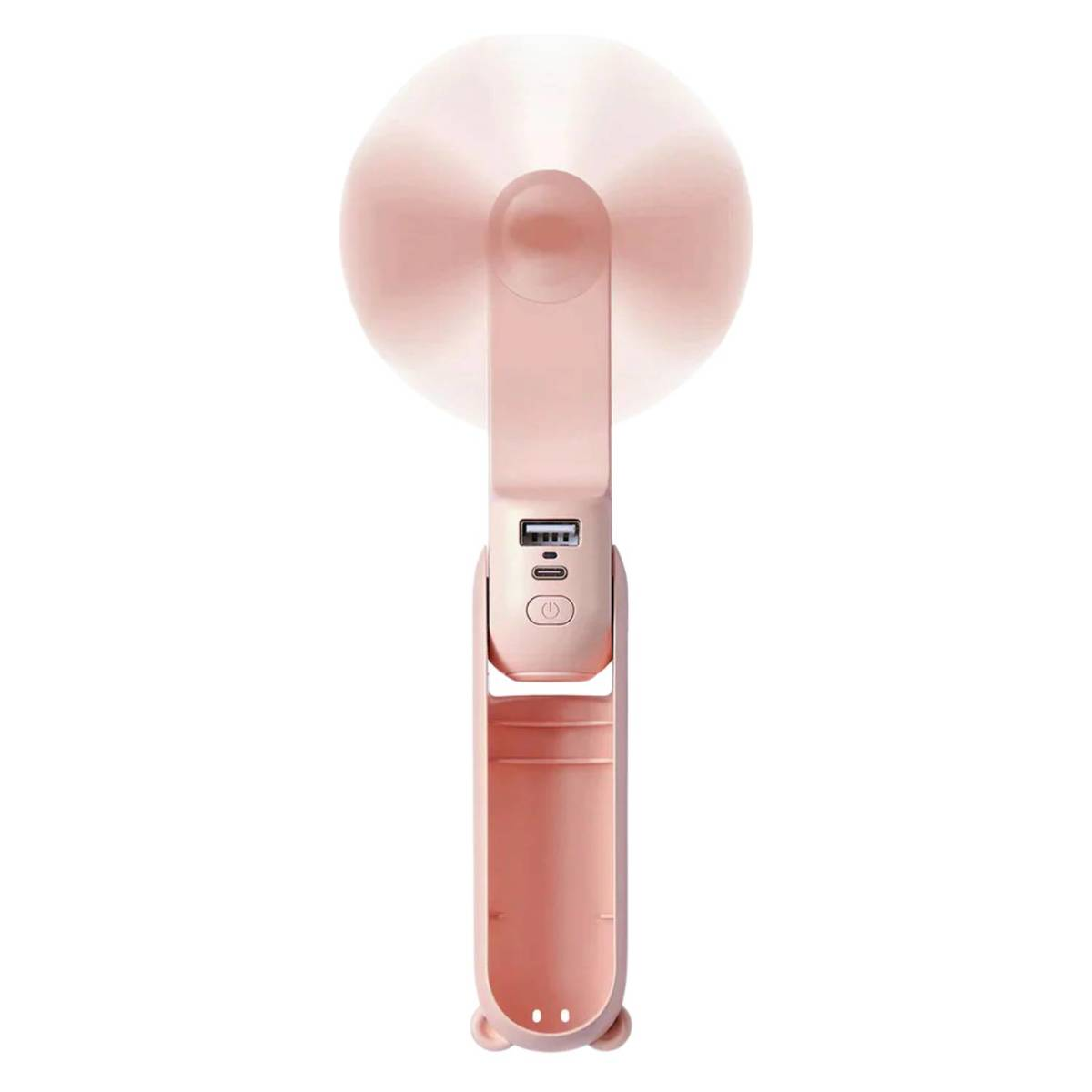Ein rosafarbener, tragbarer Ventilator mit USB-Anschluss und Ein/Aus-Taste.