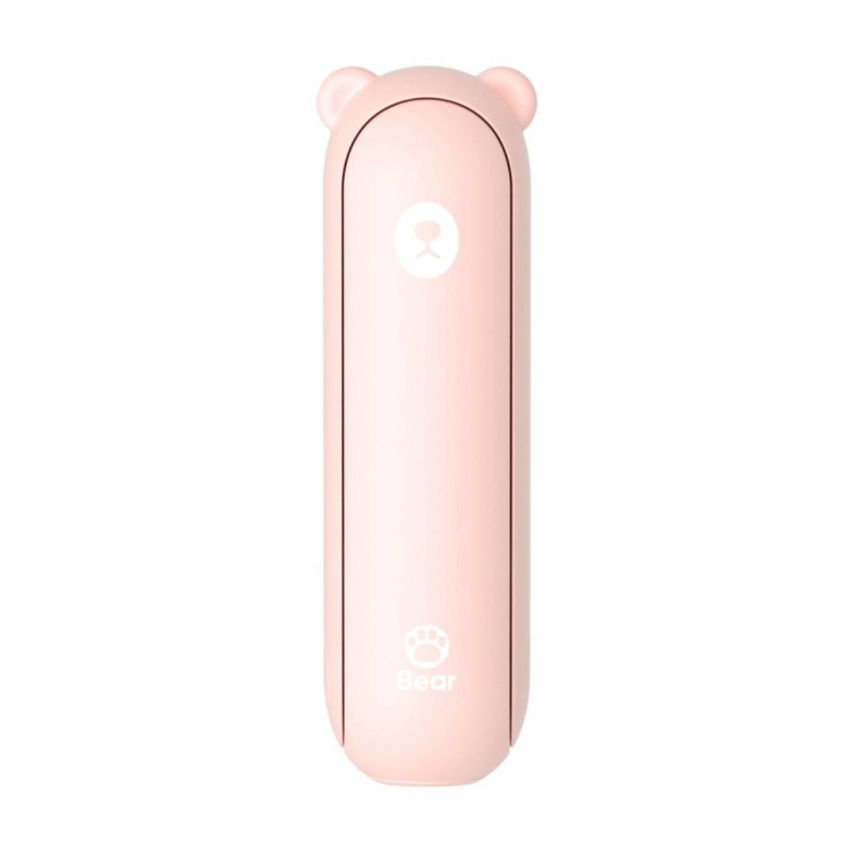 Ein rosafarbener Handventilator im Bären-Design, aufrecht stehend.