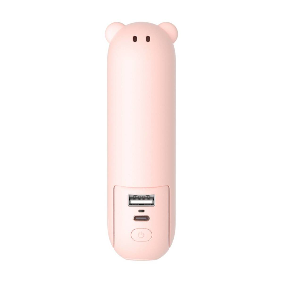 Ein rosa bärenförmiges tragbares Ladegerät mit zwei USB-Anschlüssen und einer Einschalttaste.