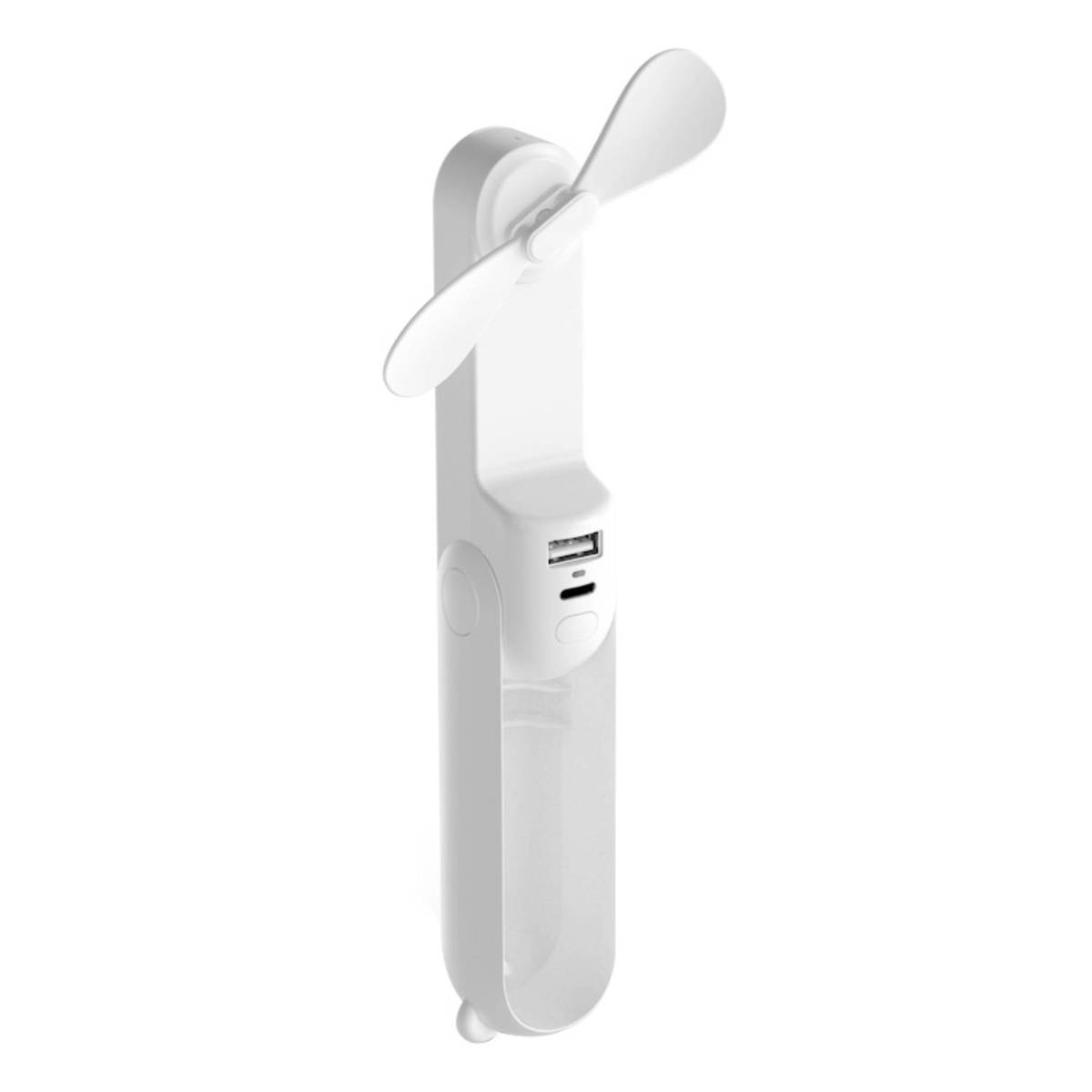 Weißer tragbarer Ventilator mit zwei Blättern und USB-Ladeanschluss.
