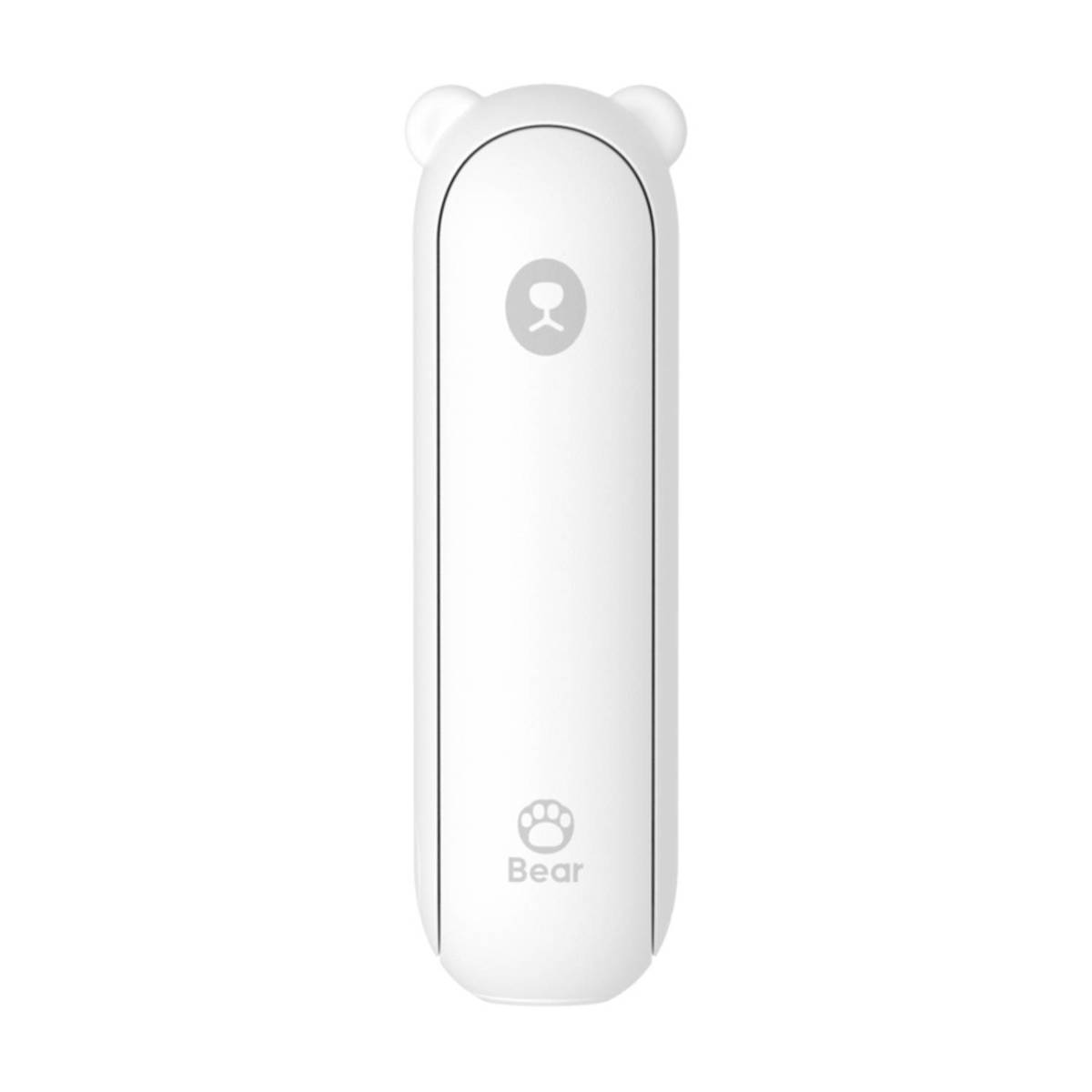 Ein weißer, tragbarer Ventilator im Bären-Design mit Ohren und Pfotenabdruck-Logo.