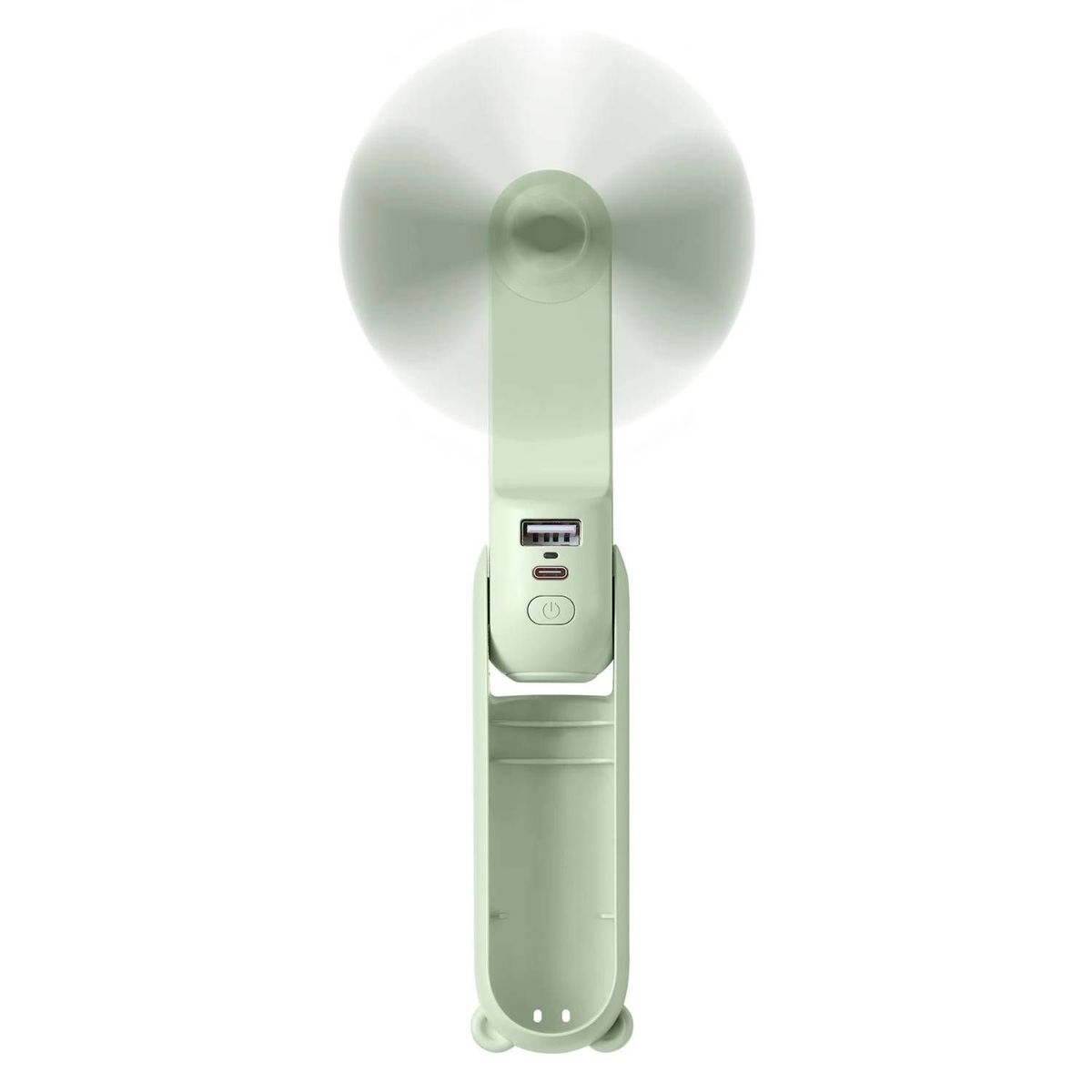 Ein hellgrüner, tragbarer Ventilator mit USB-Anschluss und Akkuanzeige.