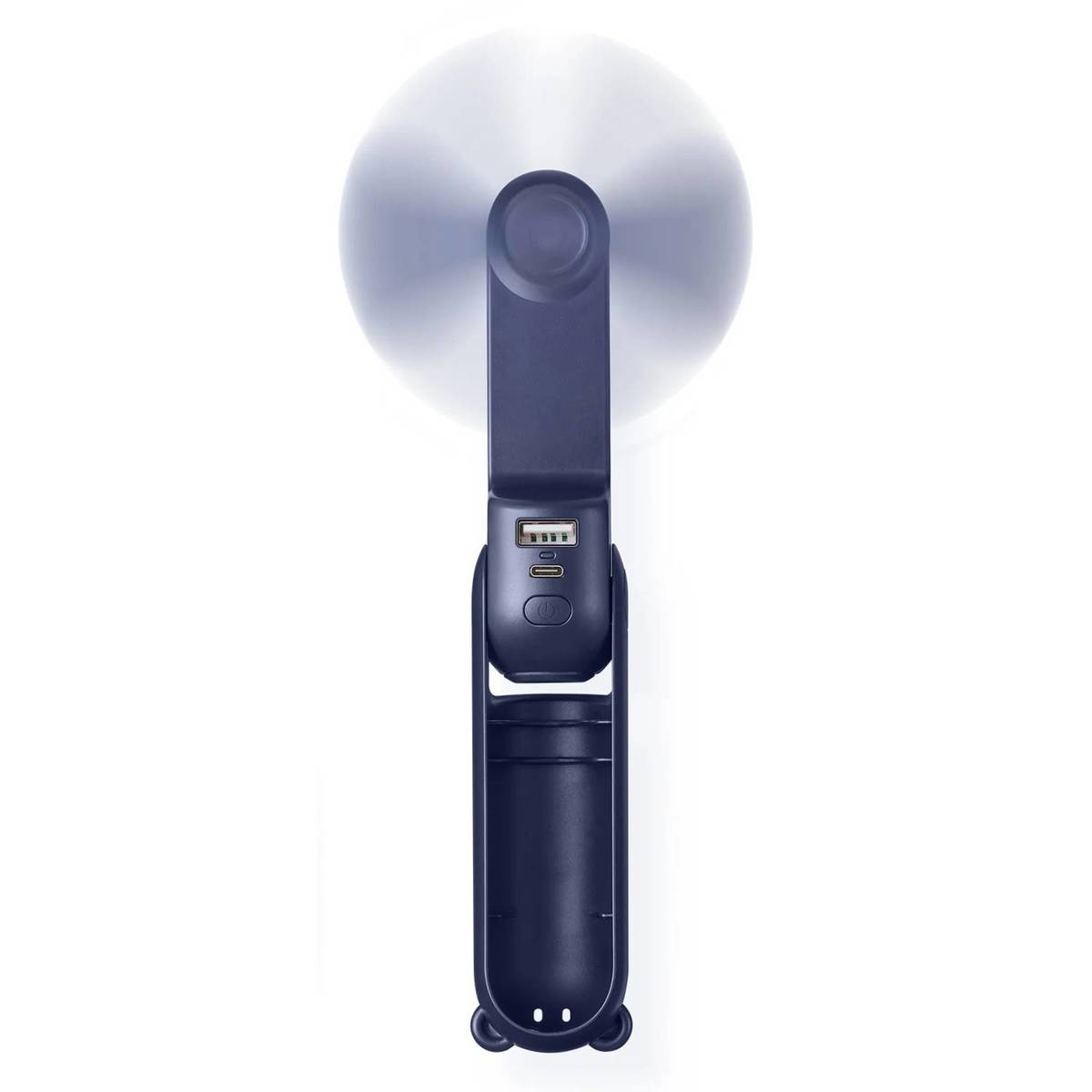 Dunkelblauer, tragbarer Ventilator mit USB-Anschluss im laufenden Betrieb.