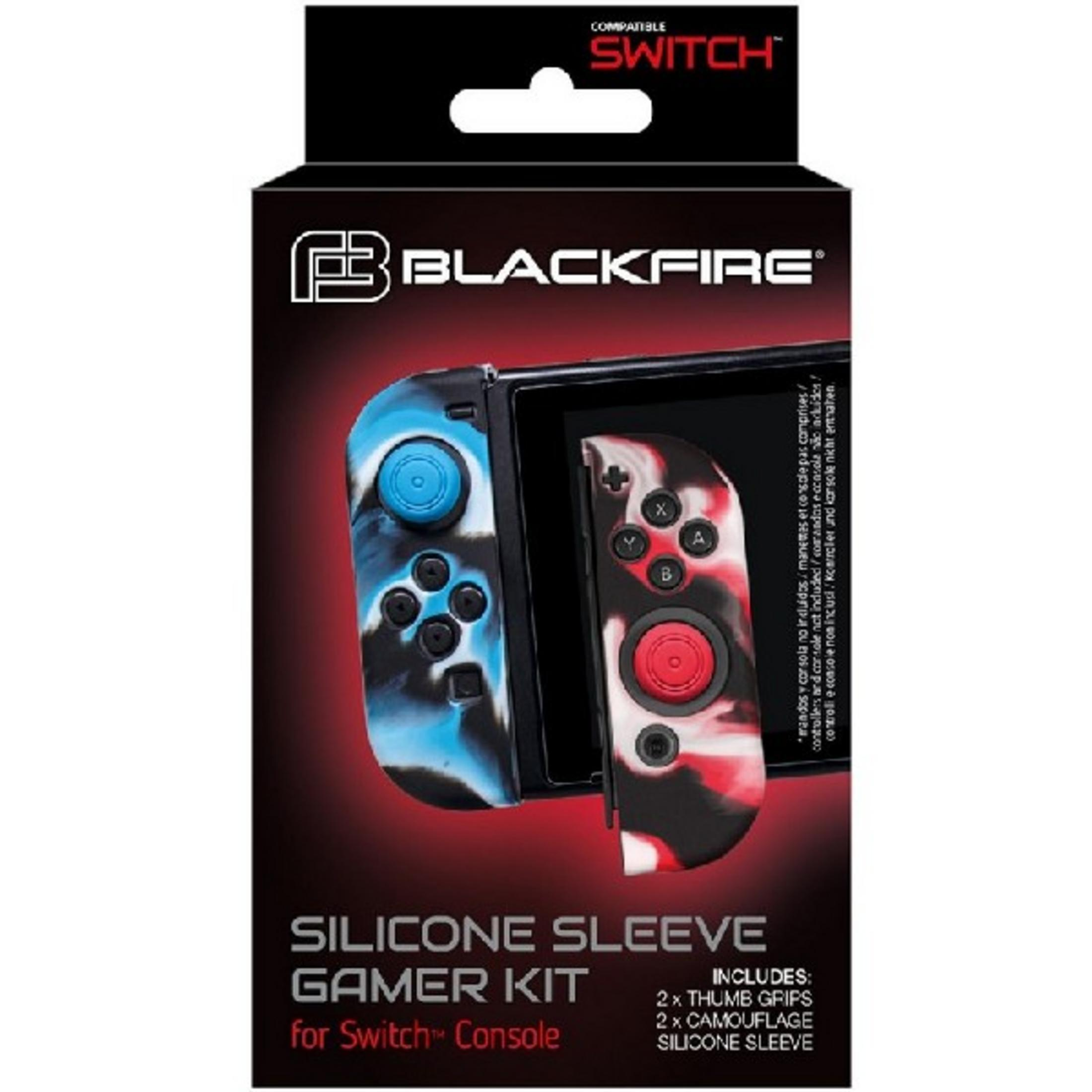 Caja de un set de control para Switch negro y azul con patrón de camuflaje.