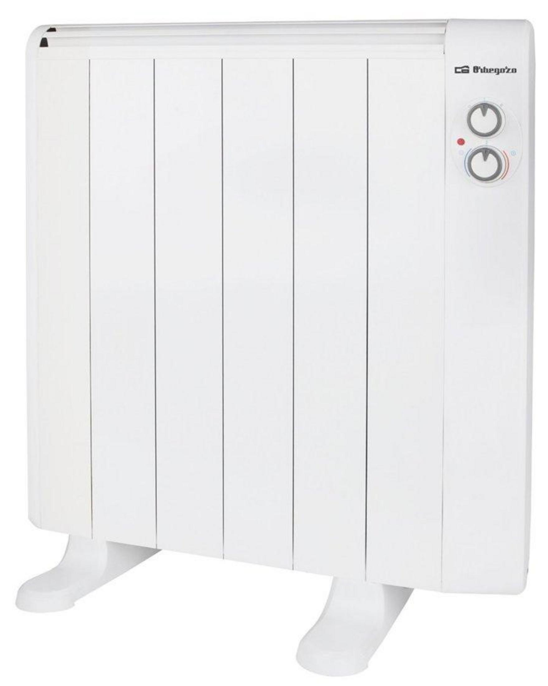 Un radiatore elettrico bianco con piedini e due manopole.
