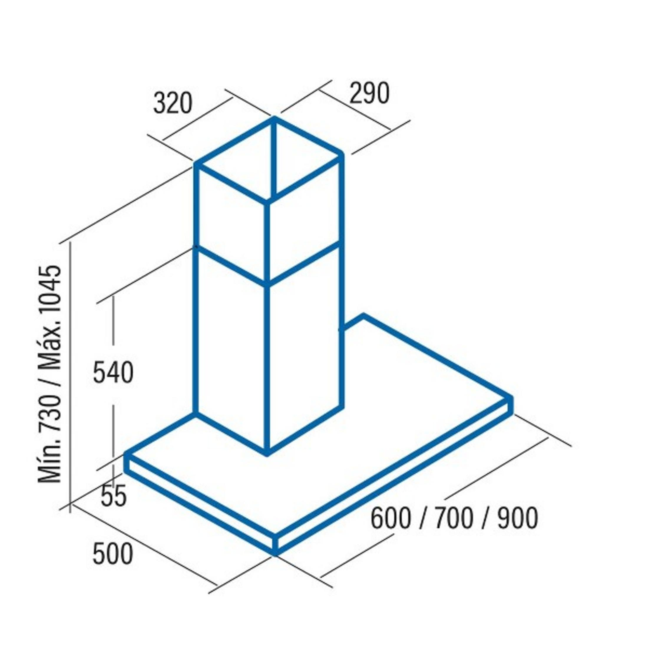 Dibujo técnico de una campana extractora con dimensiones.
