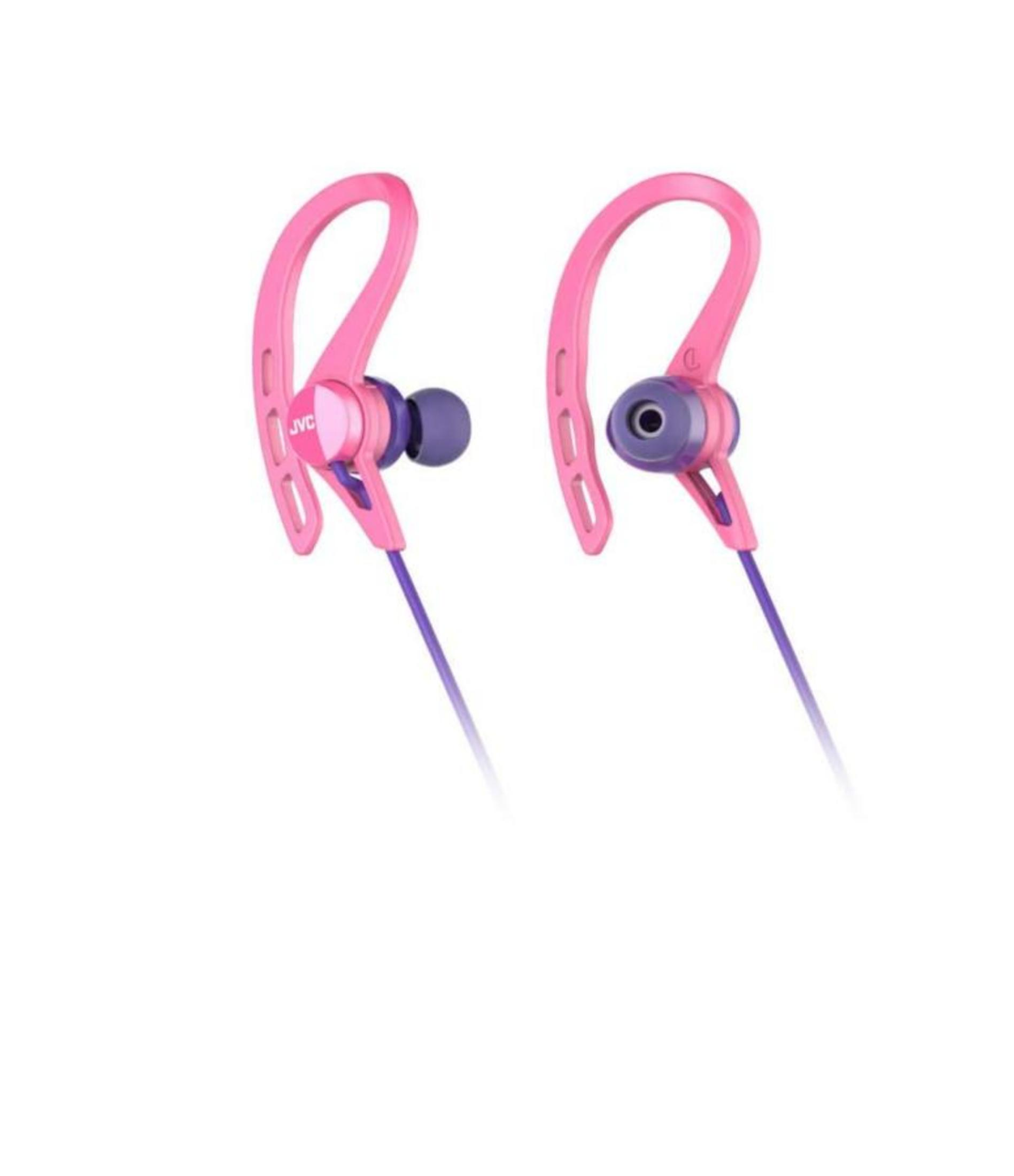 Dos auriculares rosas con acentos y cables morados.