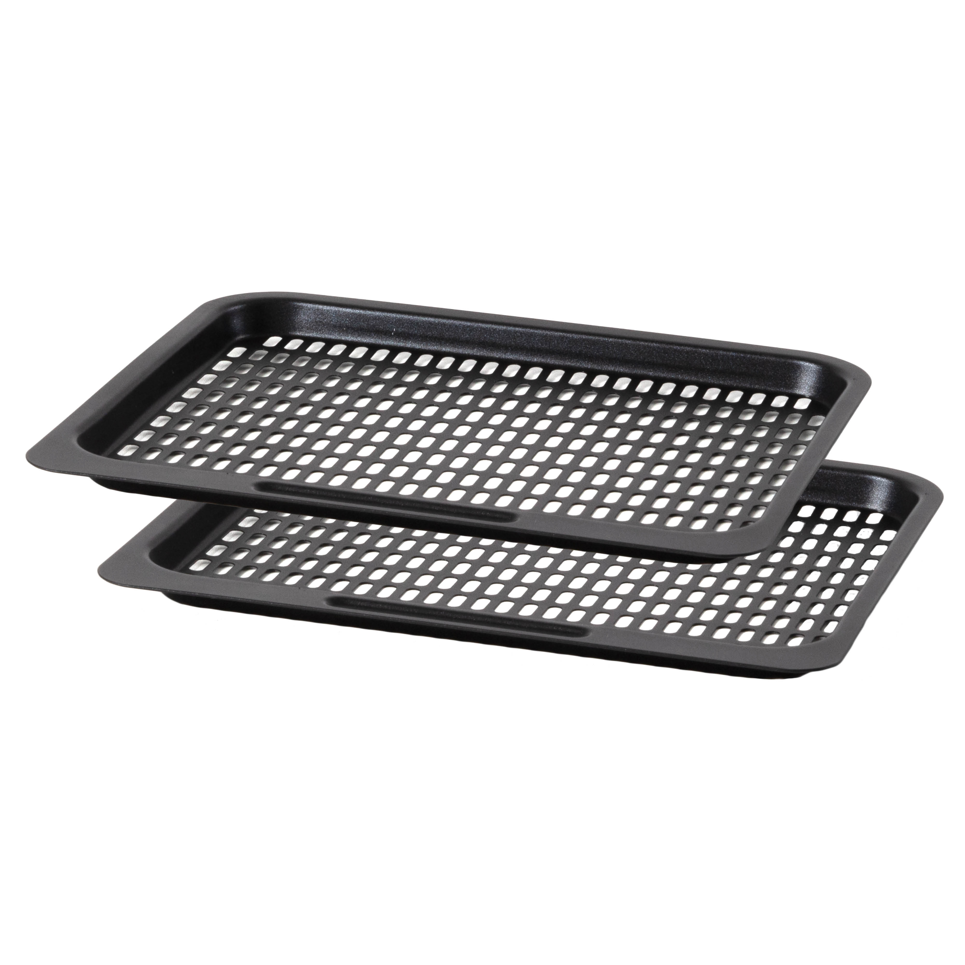 Deux plaques de cuisson noires à motif perforé, empilées l'une sur l'autre.