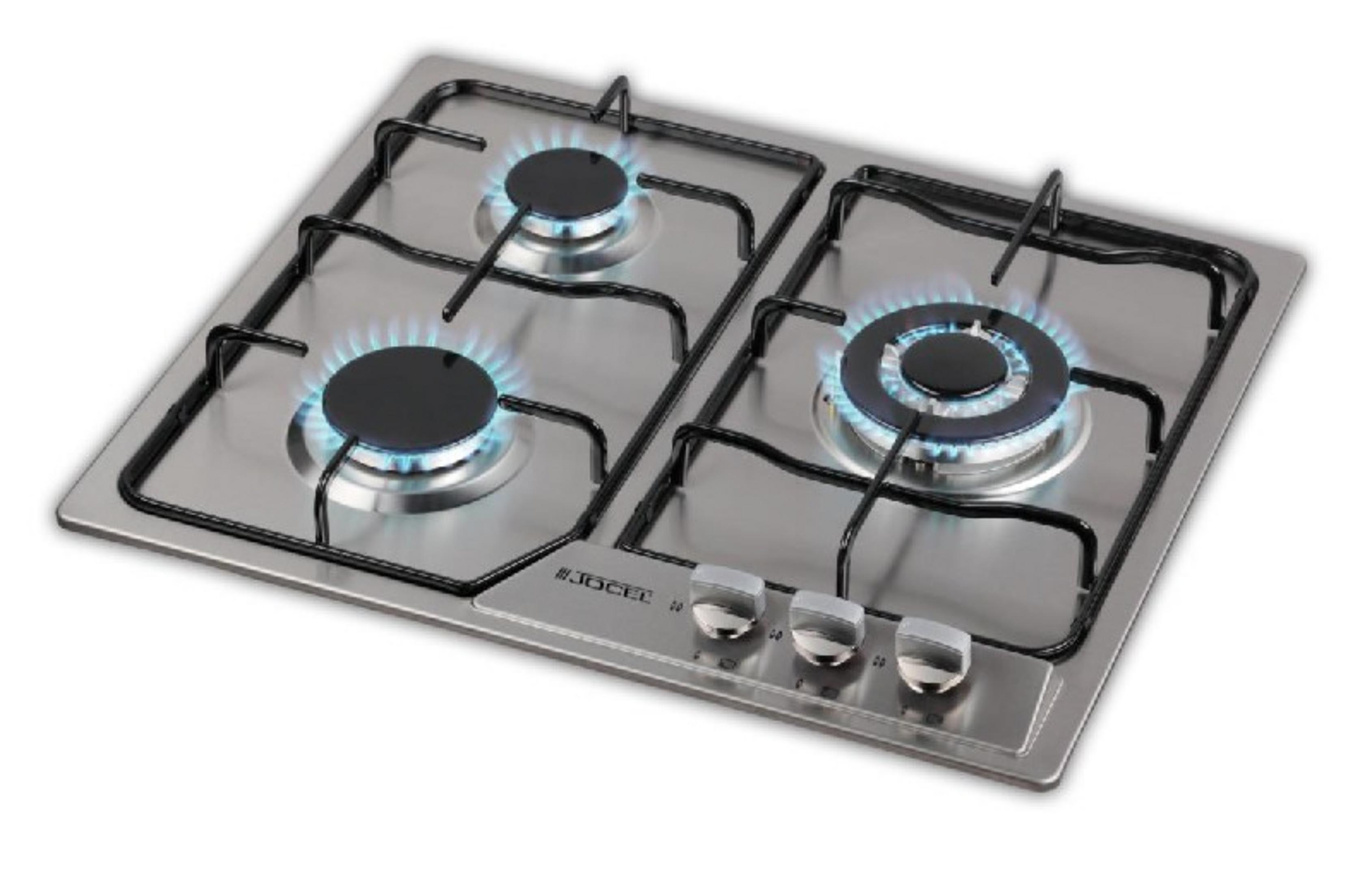 Cocina de gas de acero inoxidable con cuatro quemadores, tres ardiendo con llamas azules.