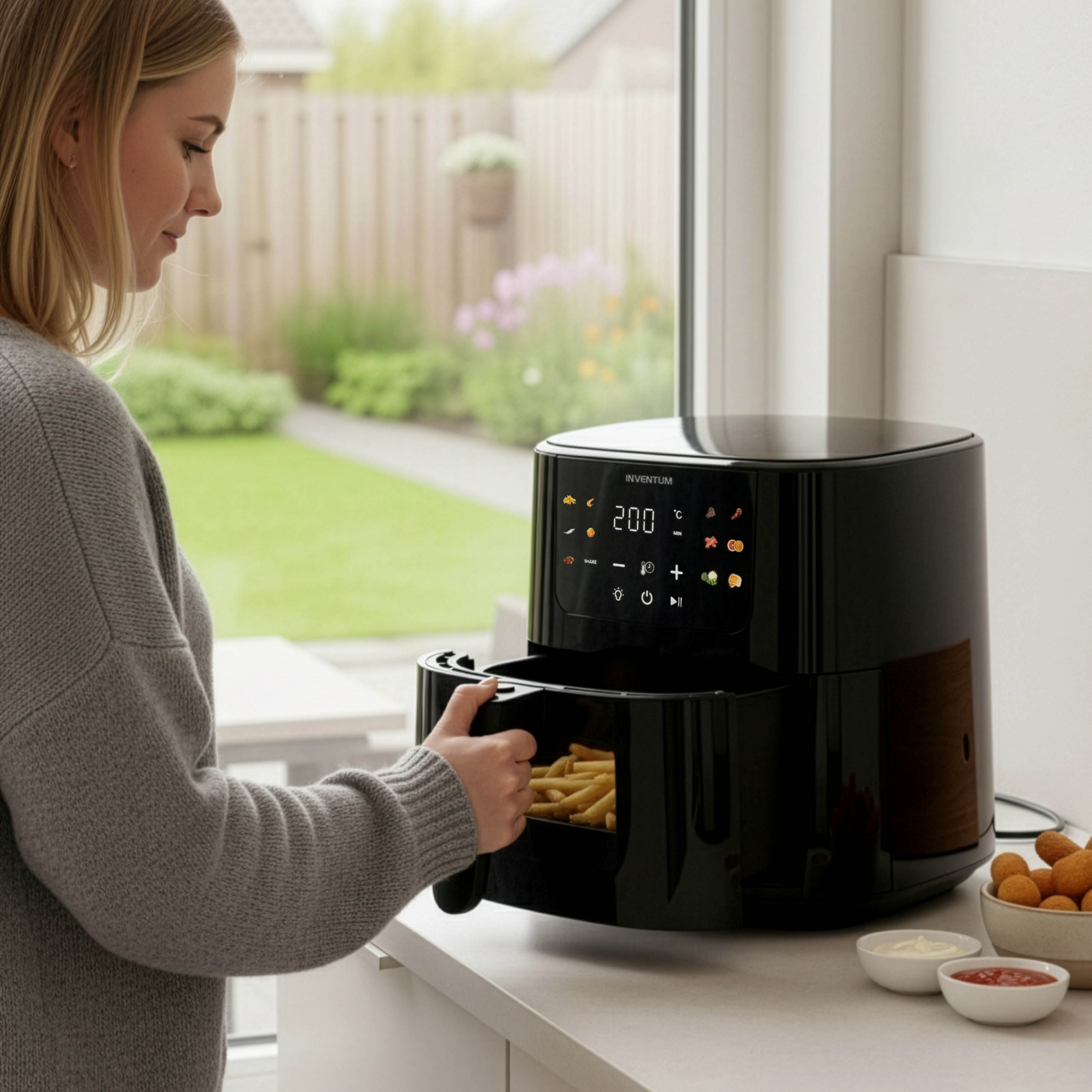 A woman pulls a drawer of fries from a black air fryer on a kitchen counter.