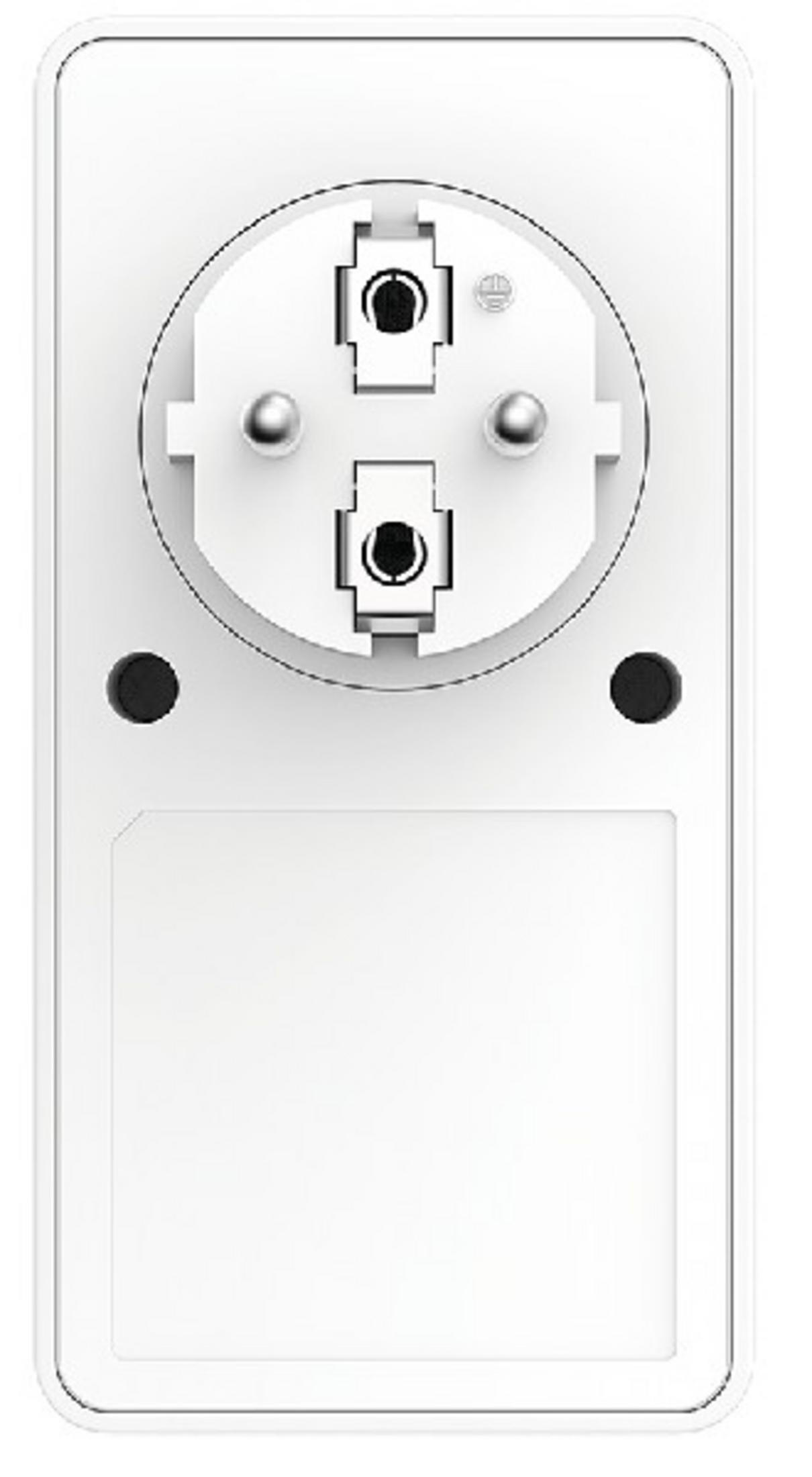 Enchufe eléctrico blanco con dos contactos redondos y un hueco rectangular.