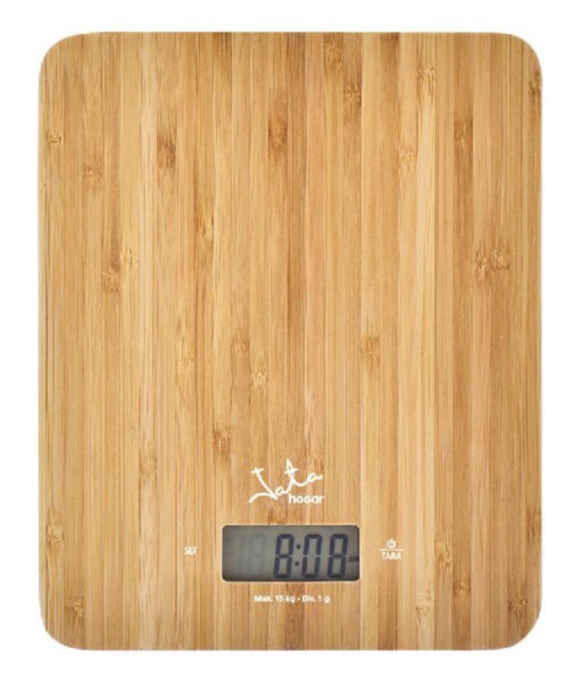 A bamboo digital kitchen scale with an LCD screen displaying 0:00.