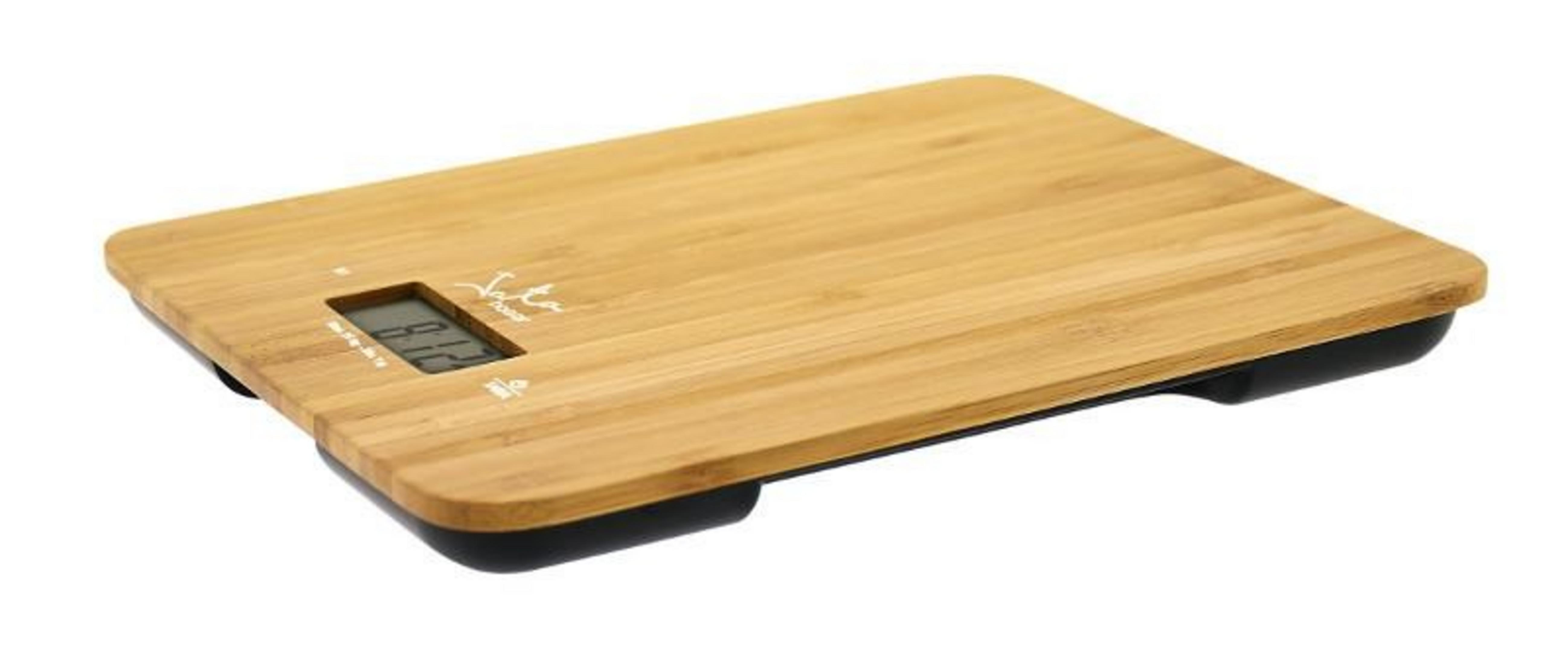 A digital scale with a wooden surface and black base.