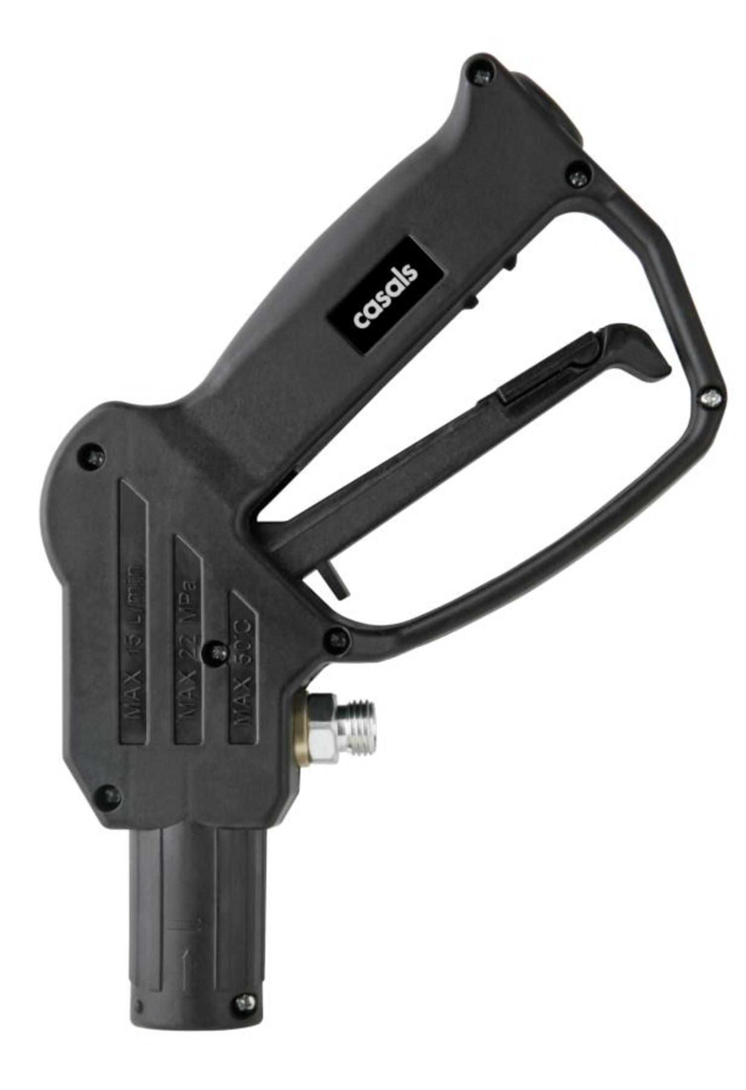 Impugnatura pistola spray nera con grilletto ed etichette: 'casals', 'MAX 15 L/min', 'MAX 22 MPa', 'MAX 50°C'.