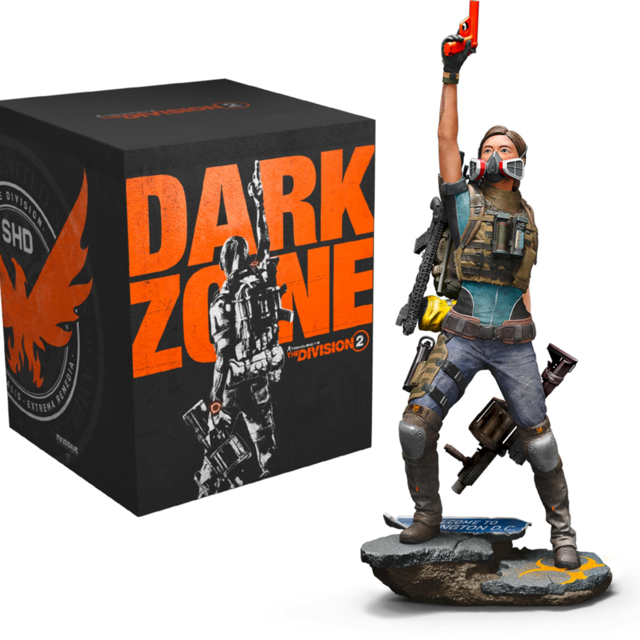 Una figura che tiene una pistola e una scatola con etichetta 'Dark Zone'.