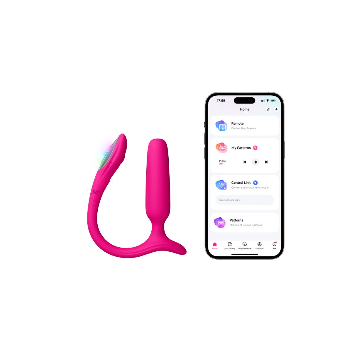 Ein pinker Vibrator und ein Smartphone, das eine App-Oberfläche mit Fernbedienungsoptionen anzeigt.