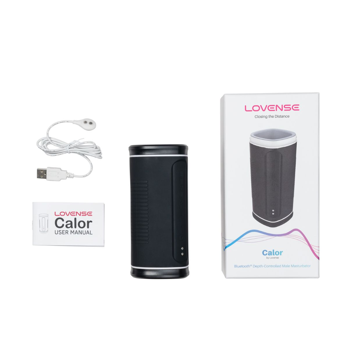 Czarny masturbator Lovense Calor z kablem USB i instrukcją.