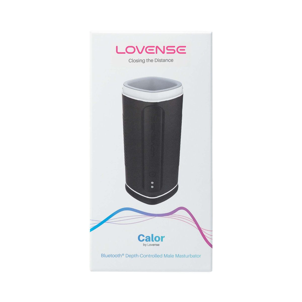 Opakowanie masturbatora męskiego Bluetooth Lovense Calor. Czarny walec z srebrną górą.
