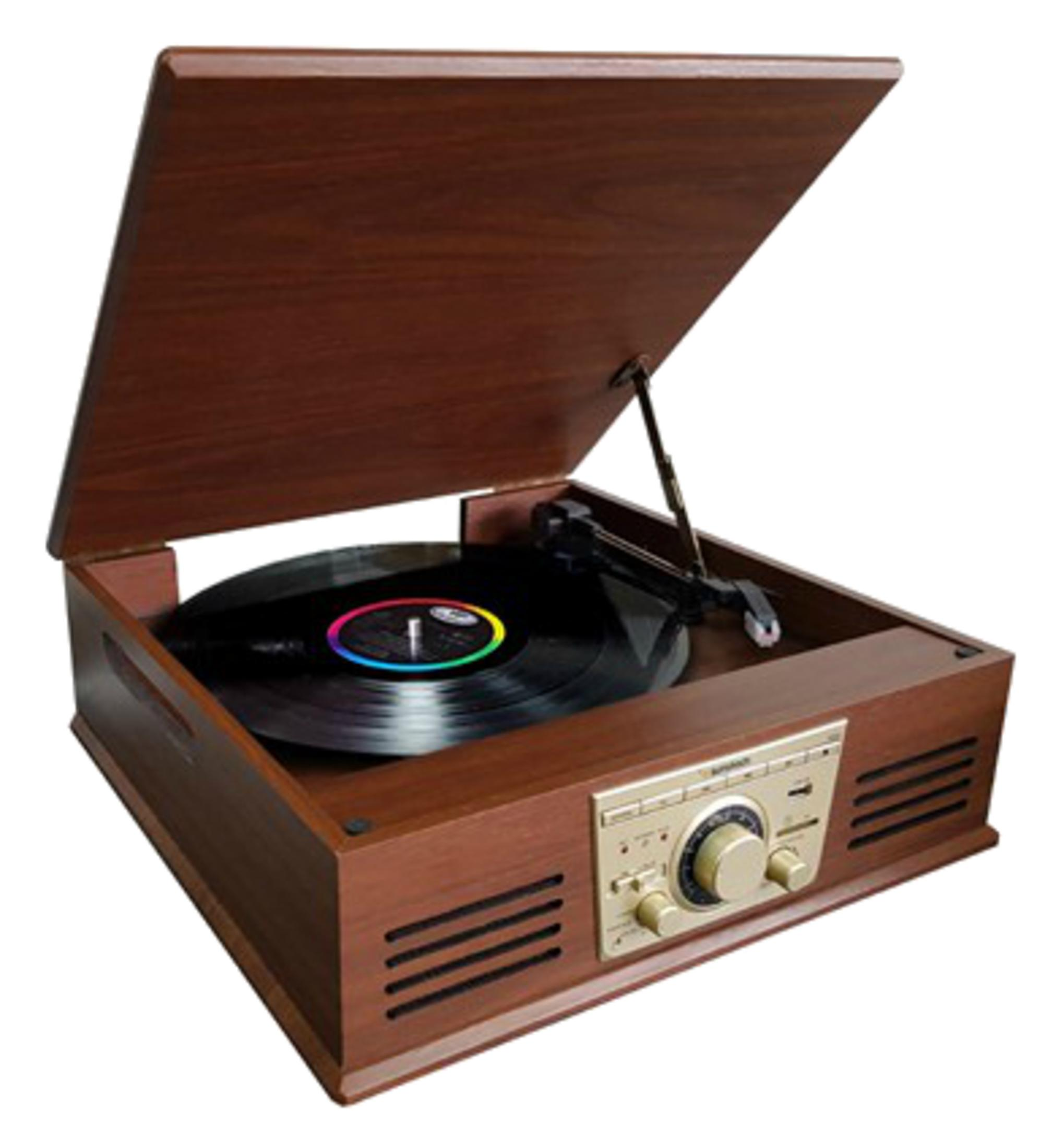 Un tocadiscos marrón con la tapa abierta, mostrando un disco de vinilo.