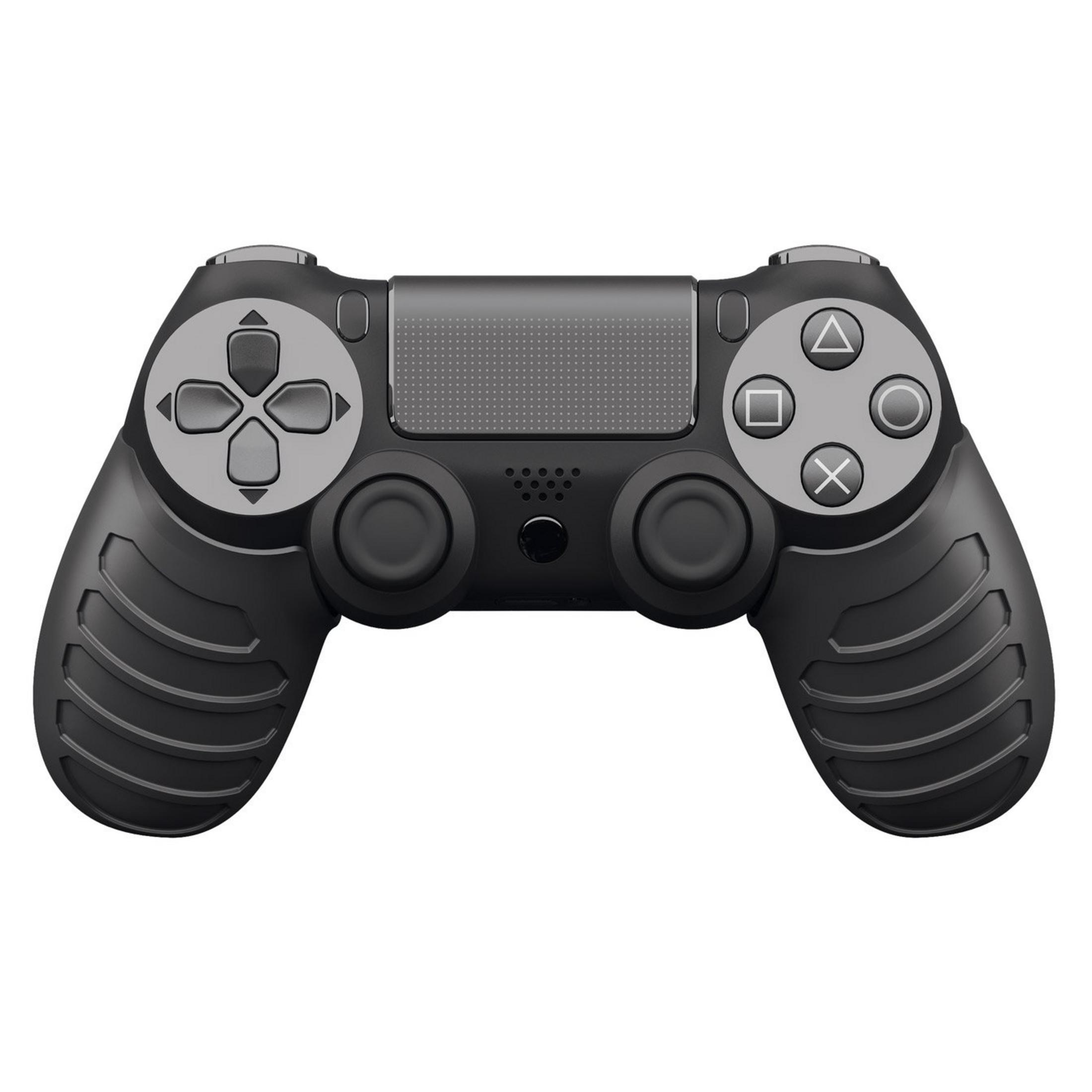 Mando de juego negro con botones y sticks grises, sobre fondo blanco.