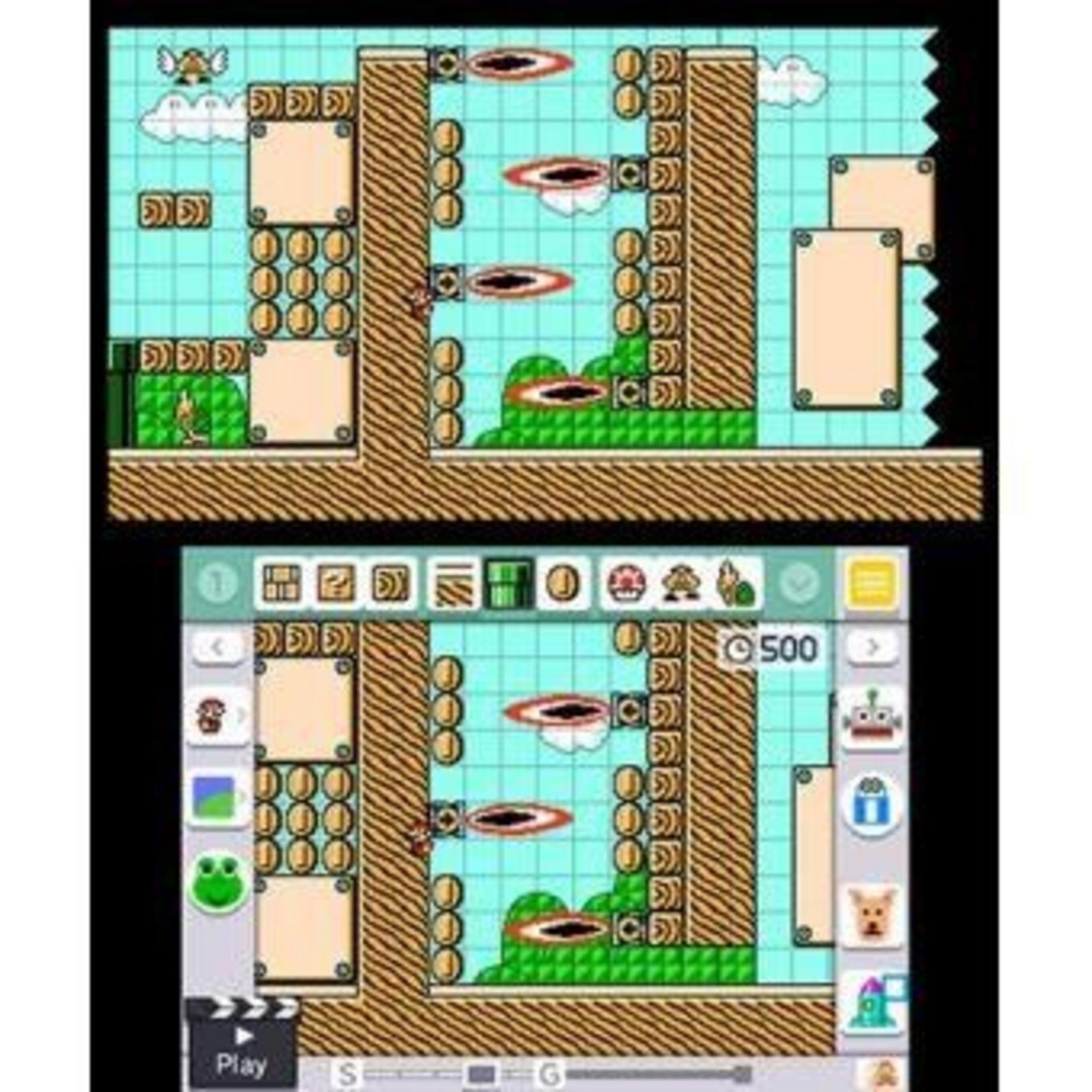 Due schermi di un gioco Mario. Lo schermo superiore mostra un livello. Lo schermo inferiore mostra i controlli.