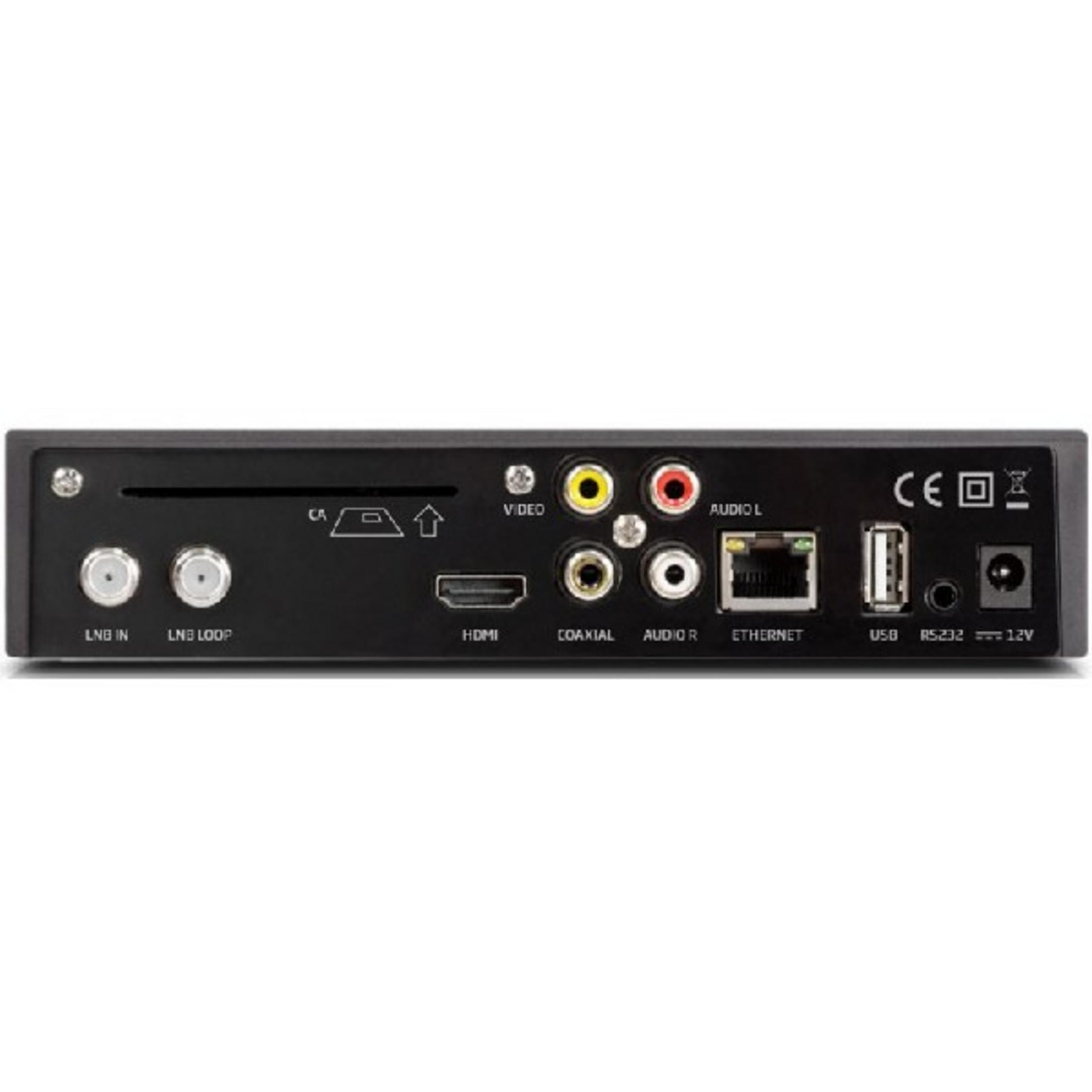 Parte trasera de un receptor negro con puertos: LNB IN, LNB LOOP, HDMI, Coaxial, Audio L/R, Ethernet, USB, RS232, 12V.
